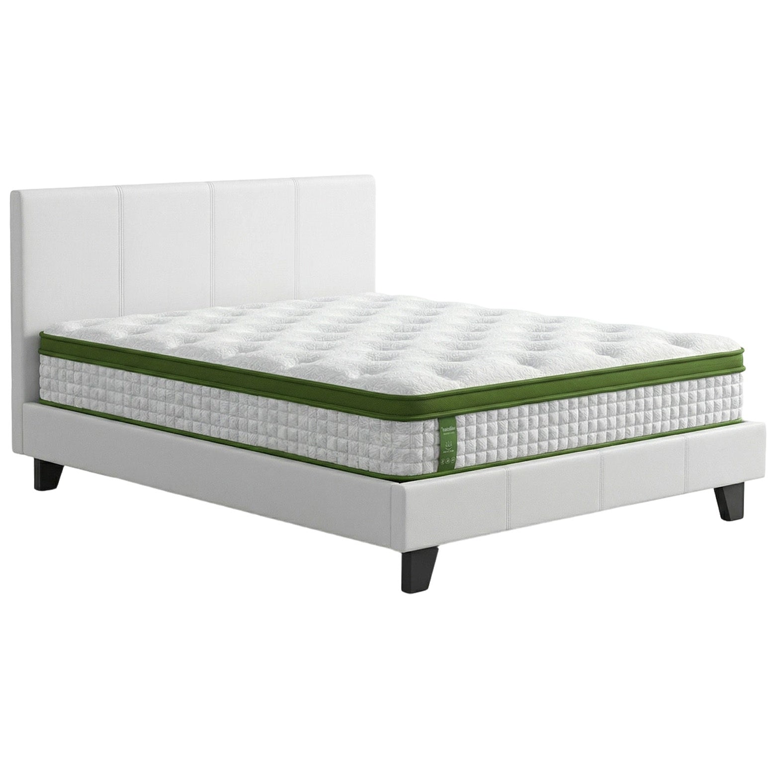 Double Bed Frame Platform White PVC Leather Hybrid Mattress Modern
