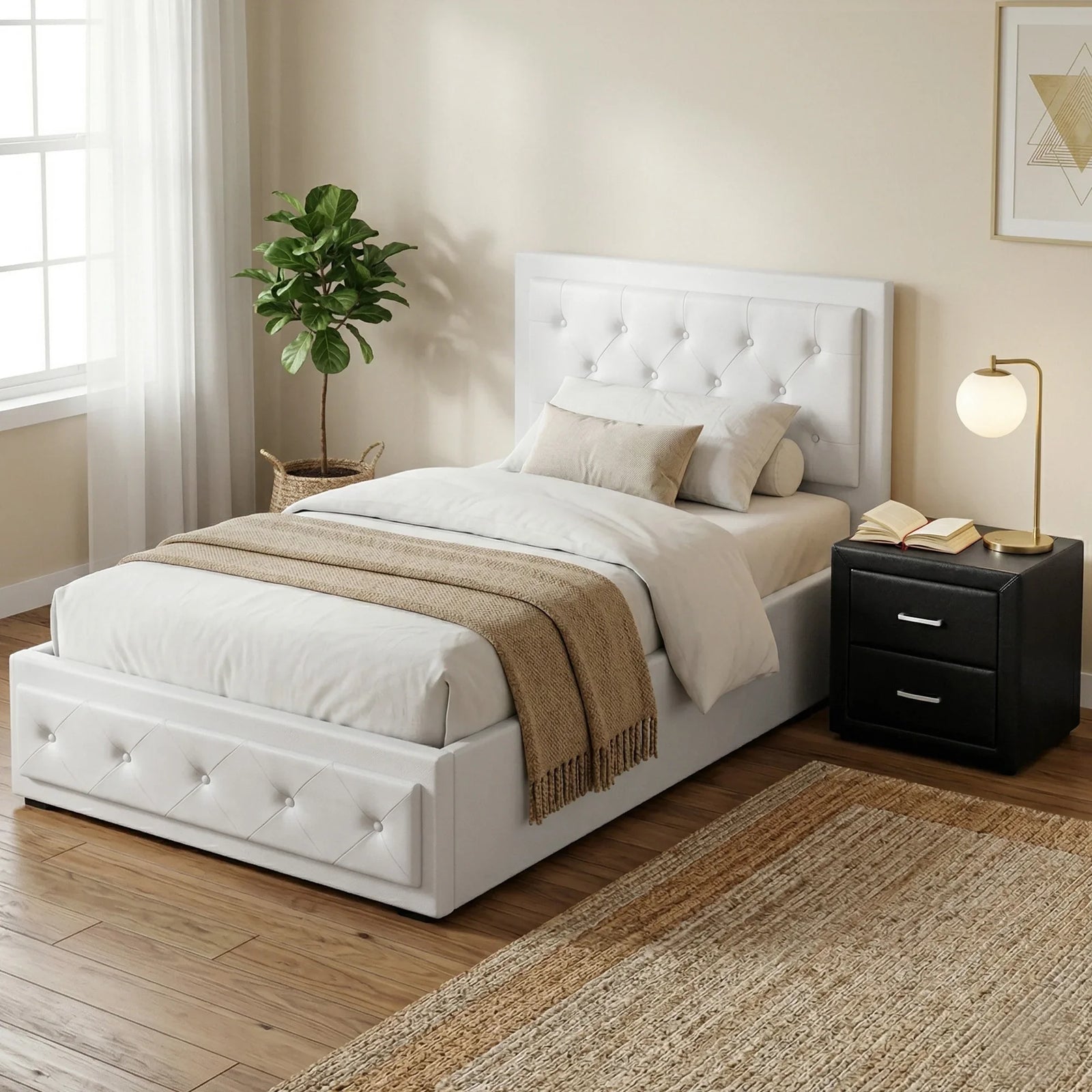 King Single Bed Frame Storage White Leather Gas Lift Bed Black Bedside Table Set