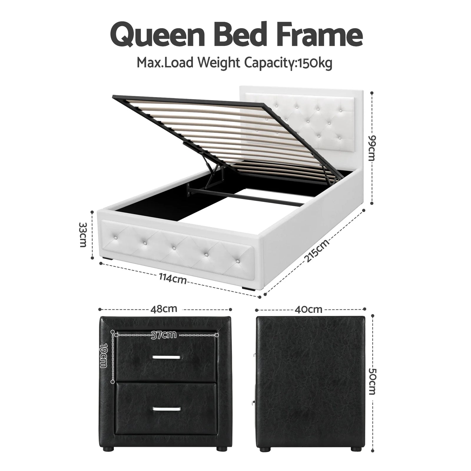 King Single Bed Frame Storage White Leather Gas Lift Bed Black Bedside Table Set