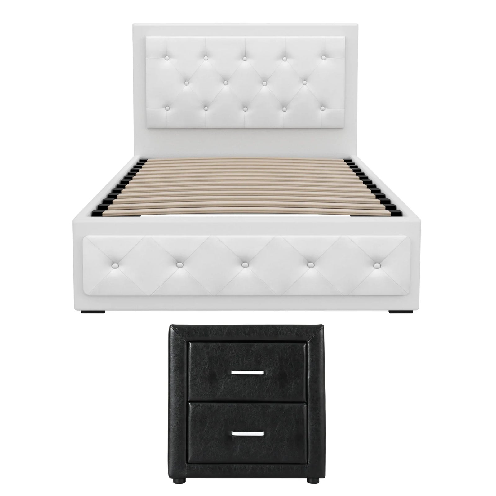 King Single Bed Frame Storage White Leather Gas Lift Bed Black Bedside Table Set