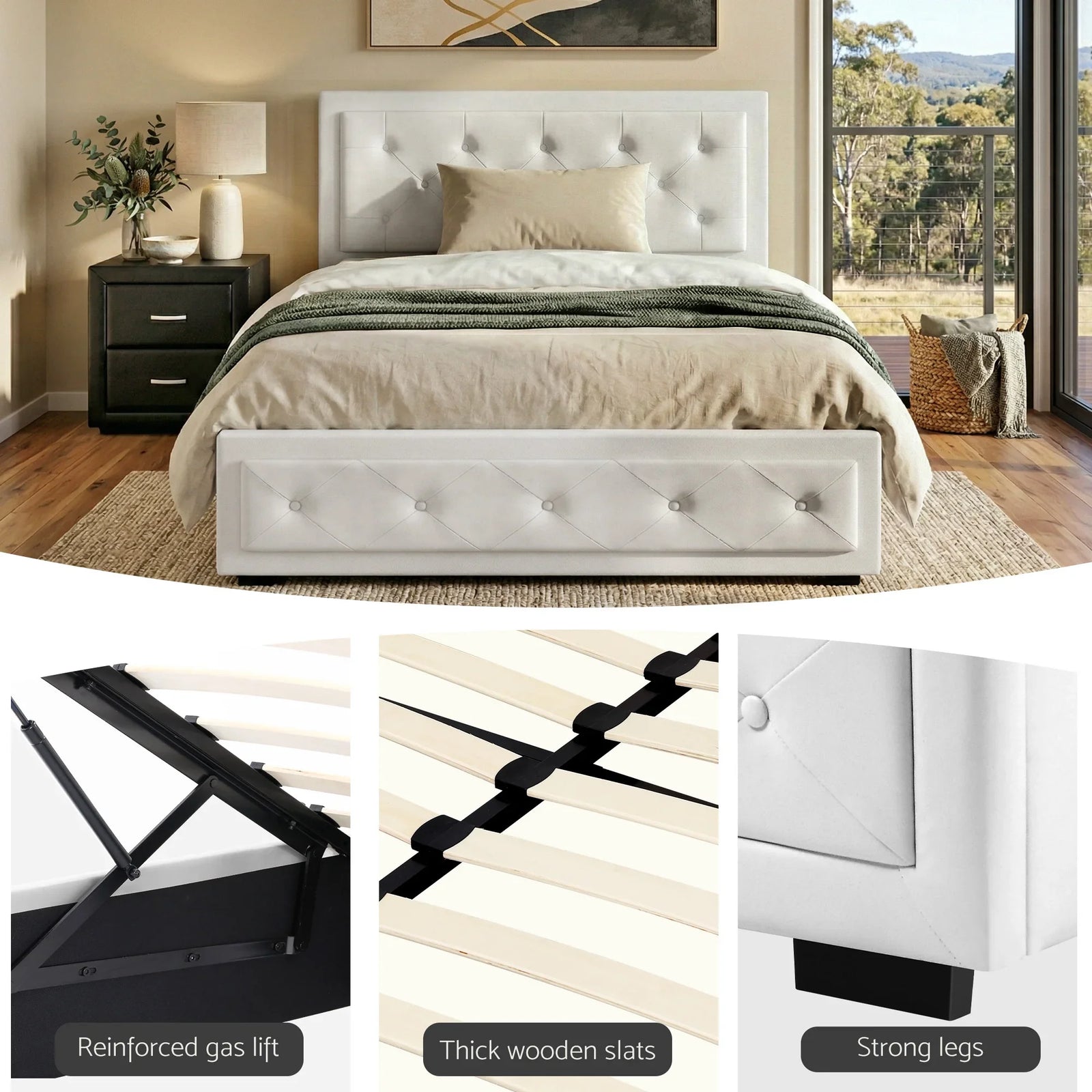 King Single Bed Frame Storage White Leather Gas Lift Bed Black Bedside Table Set