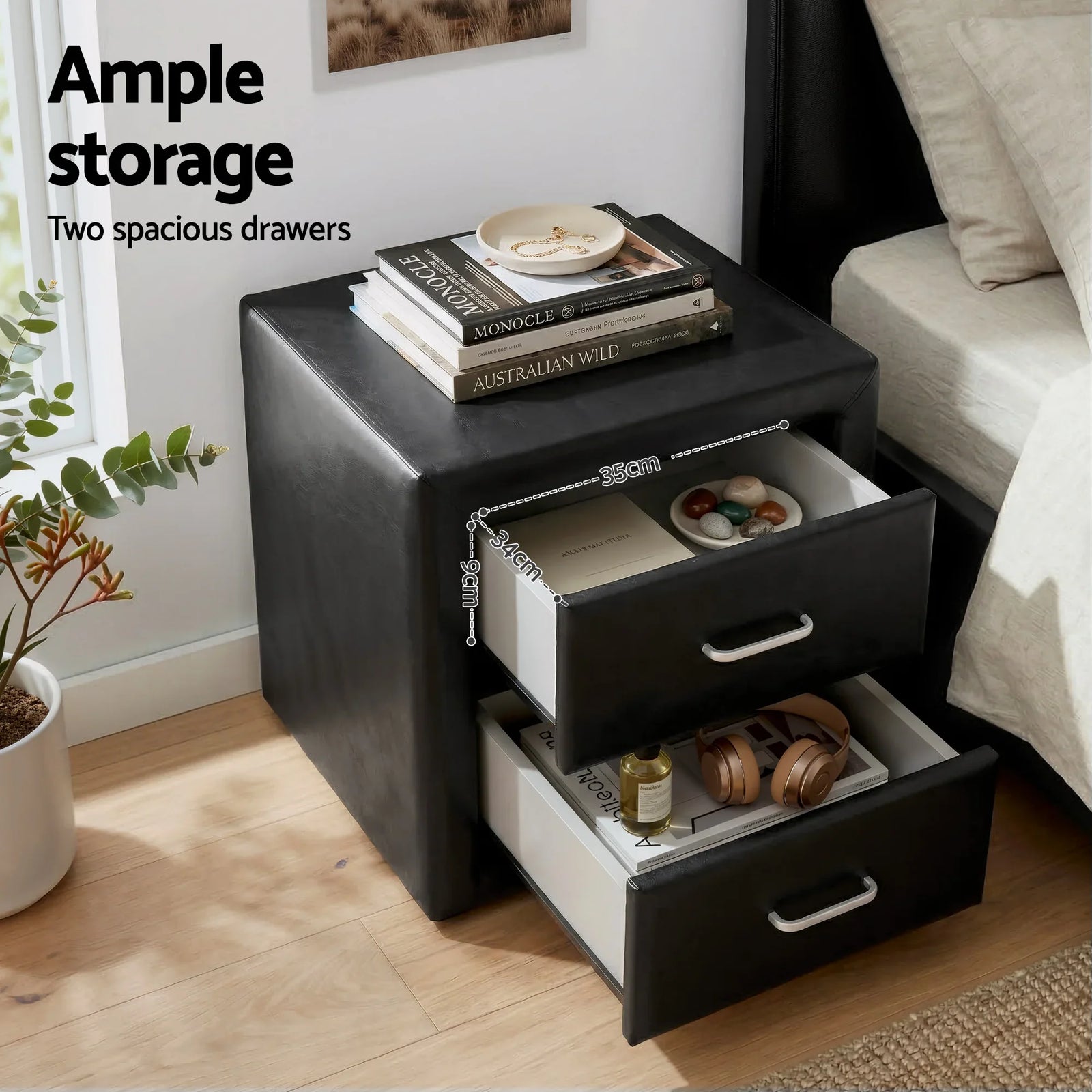 King Single Bed Frame Storage White Leather Gas Lift Bed Black Bedside Table Set