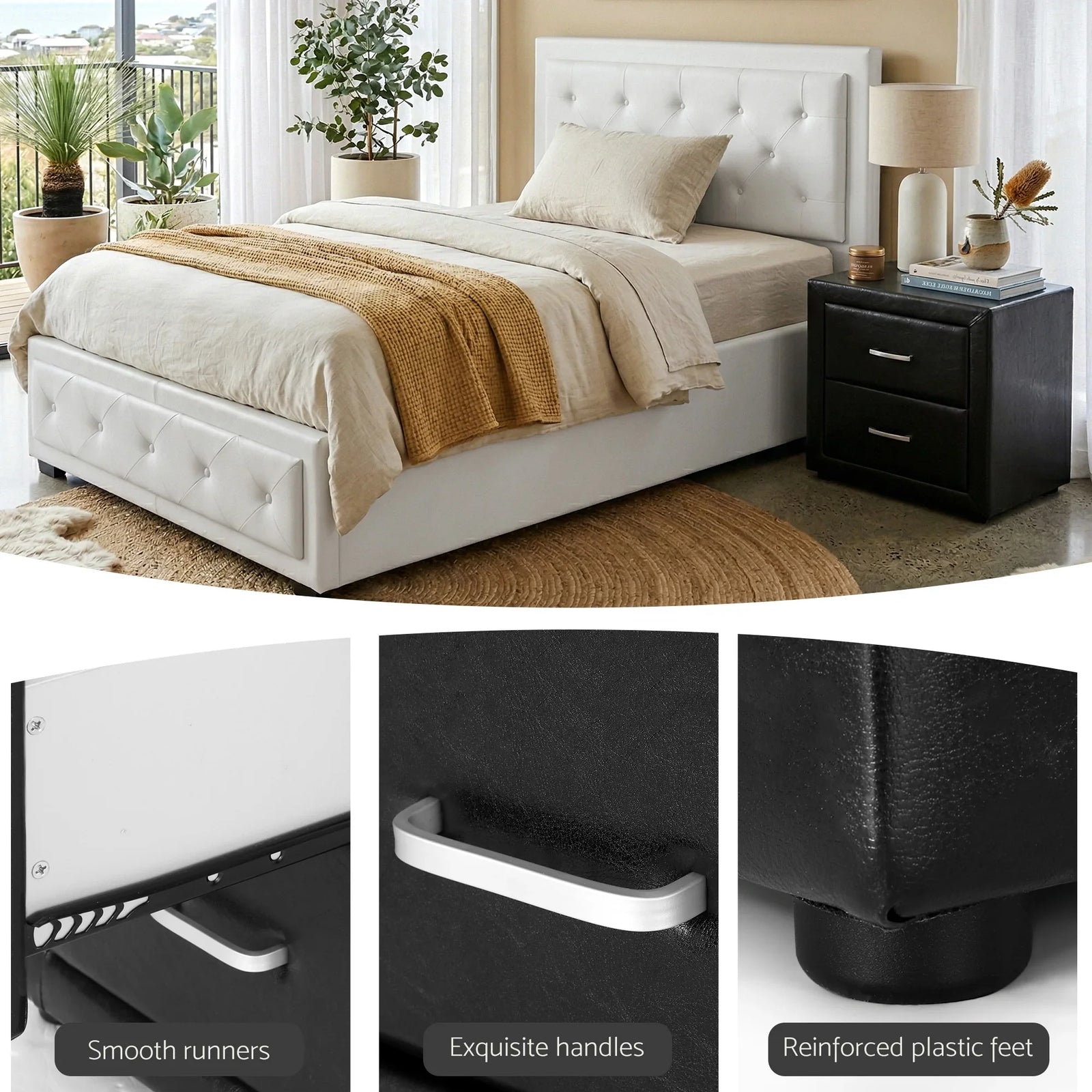 King Single Bed Frame Storage White Leather Gas Lift Bed Black Bedside Table Set
