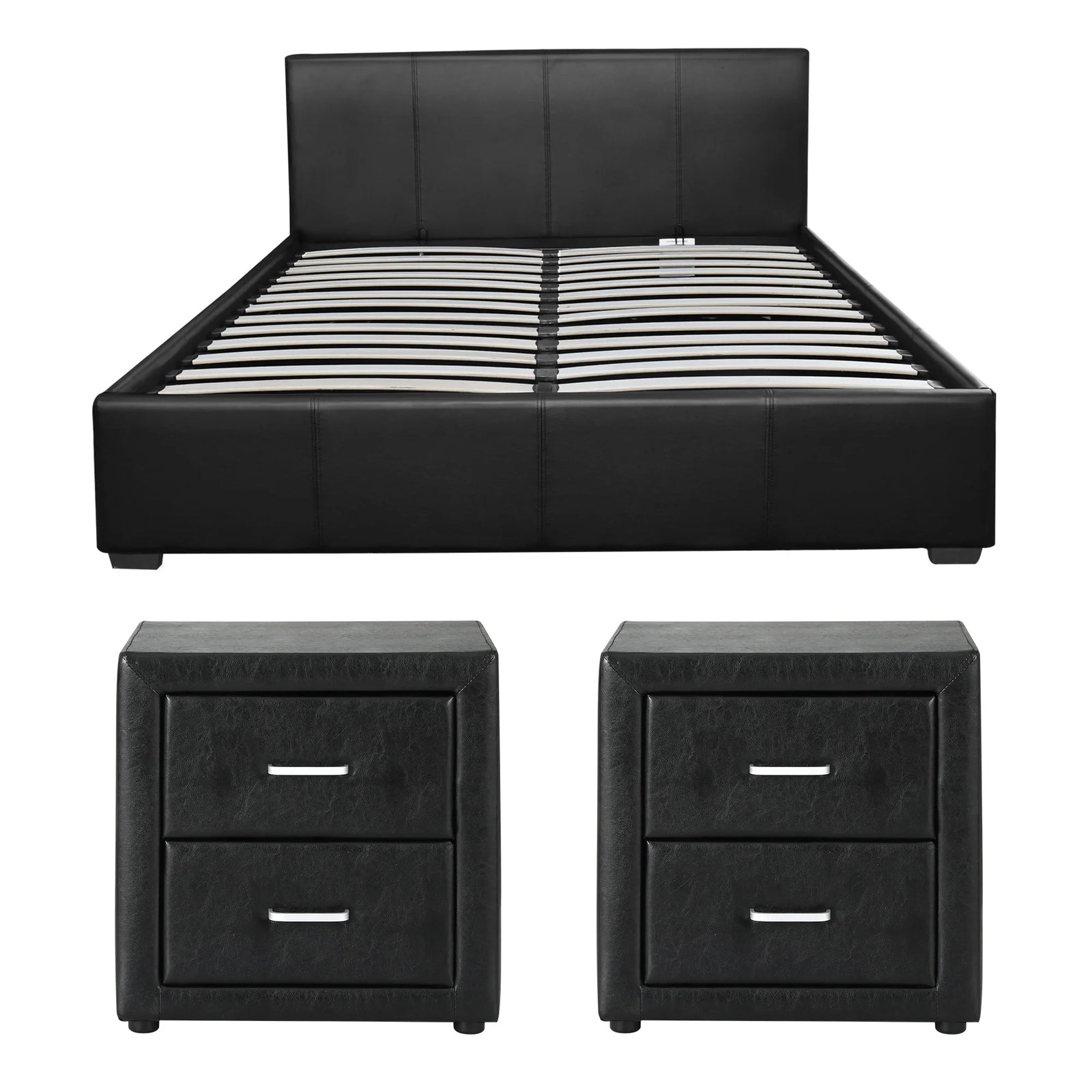 Artiss Gas Lift Queen Bed Frame and 2 Bedside Table Set Leather Black