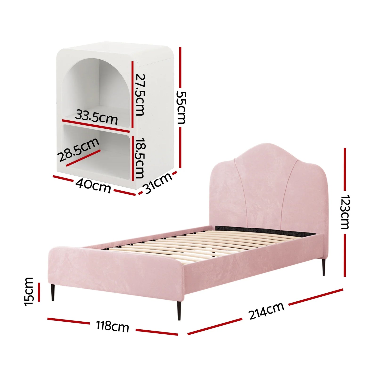 King Single Storage Bed Frame Velvet with Bedside Table Pink