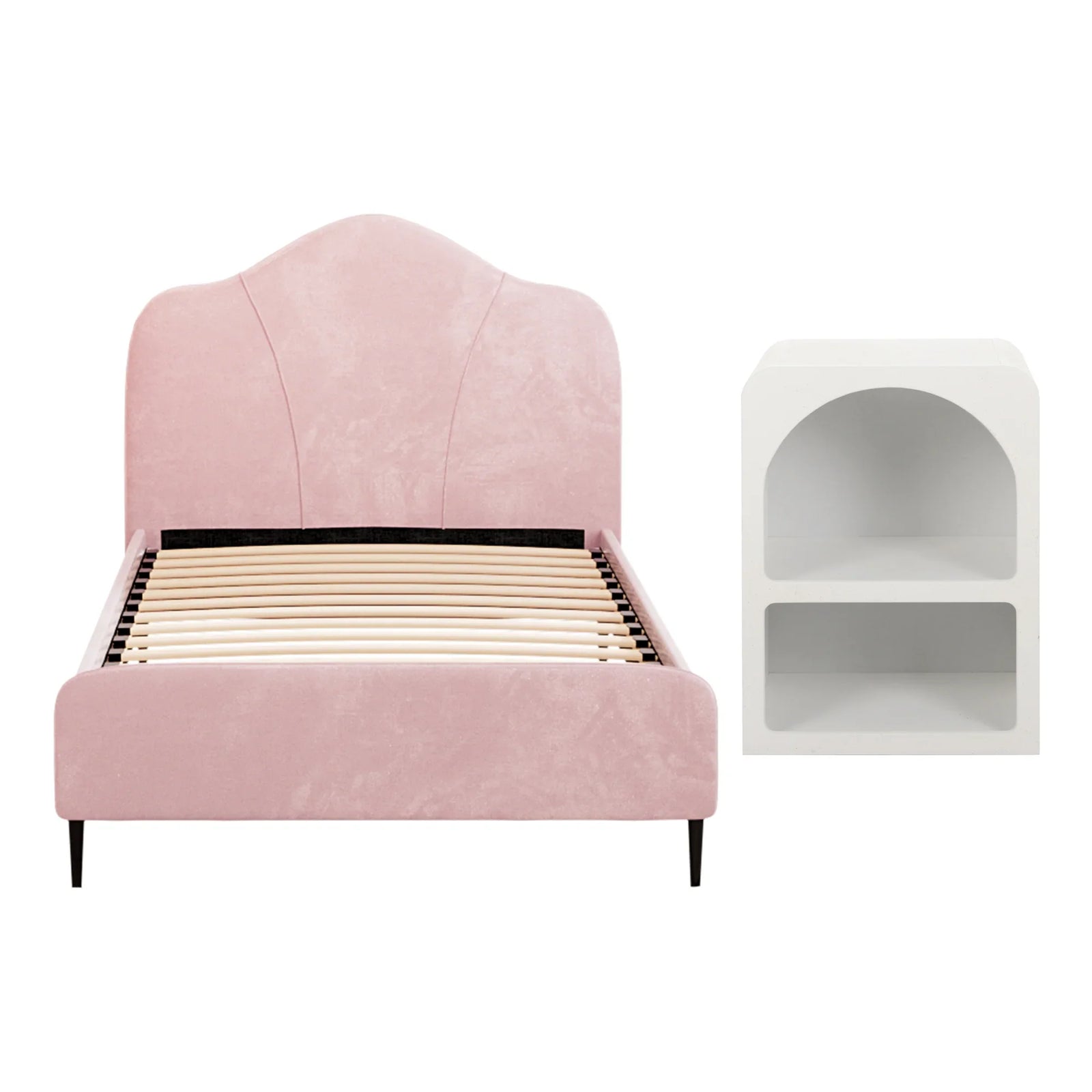 King Single Storage Bed Frame Velvet with Bedside Table Pink