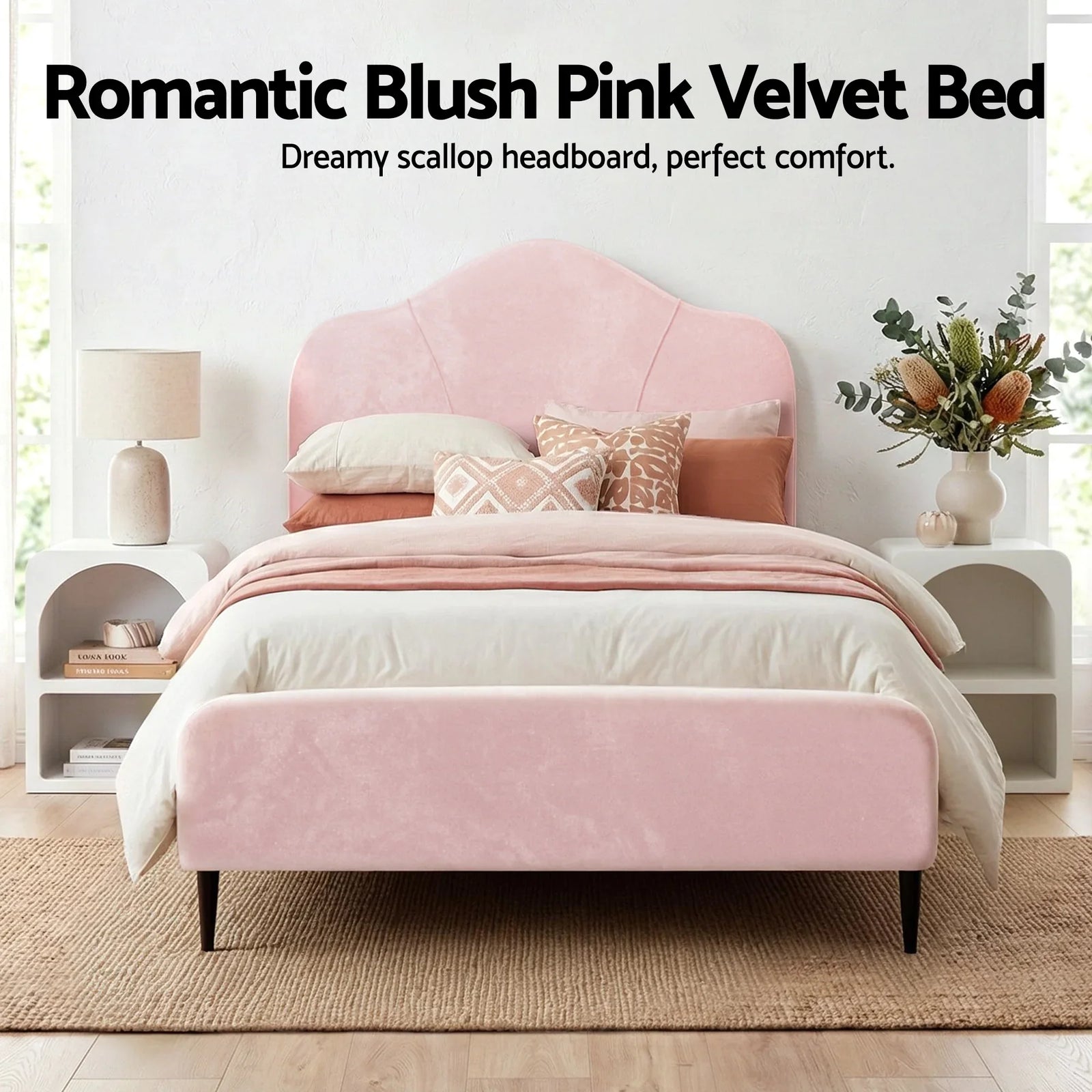 King Single Storage Bed Frame Velvet with Bedside Table Pink