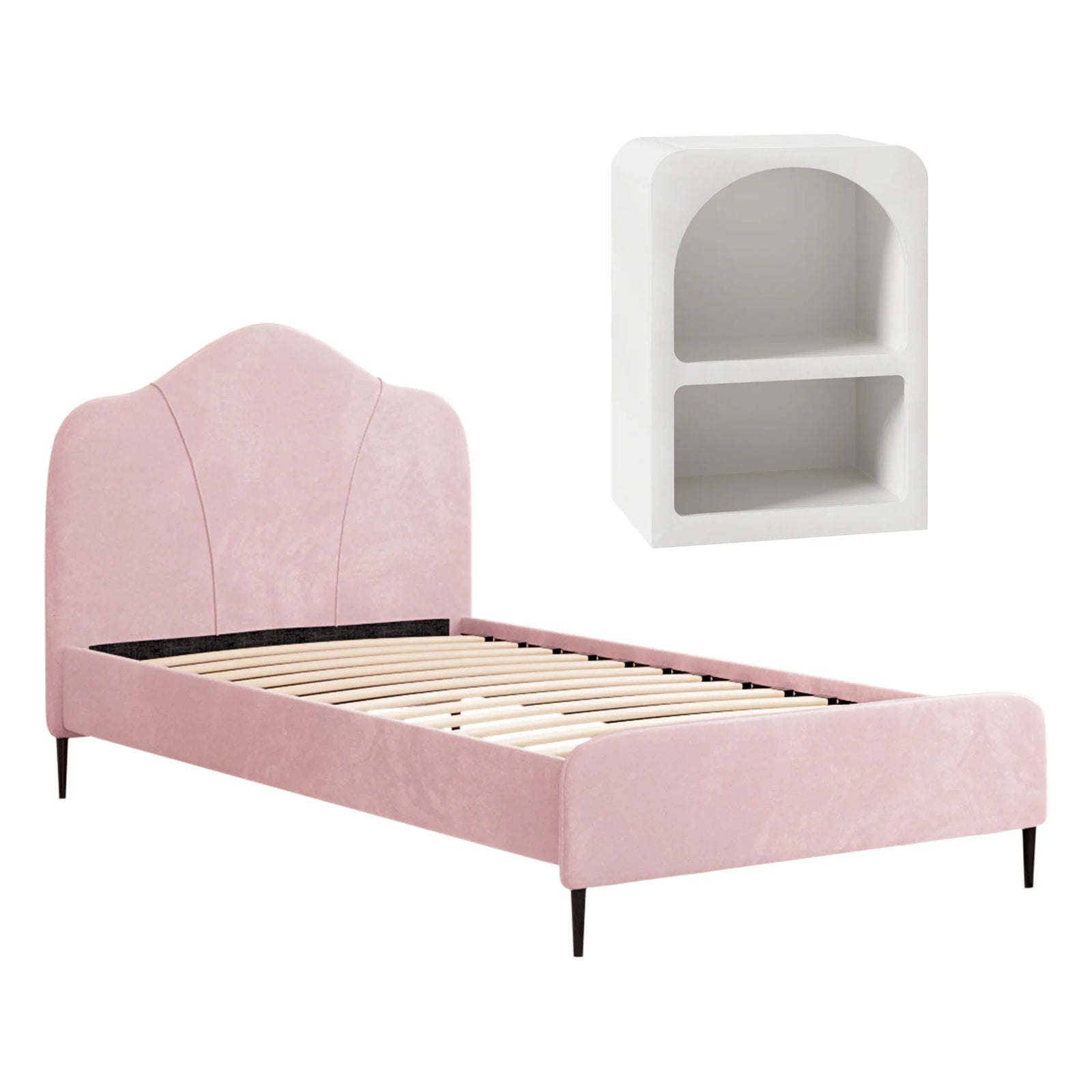King Single Storage Bed Frame Velvet with Bedside Table Pink