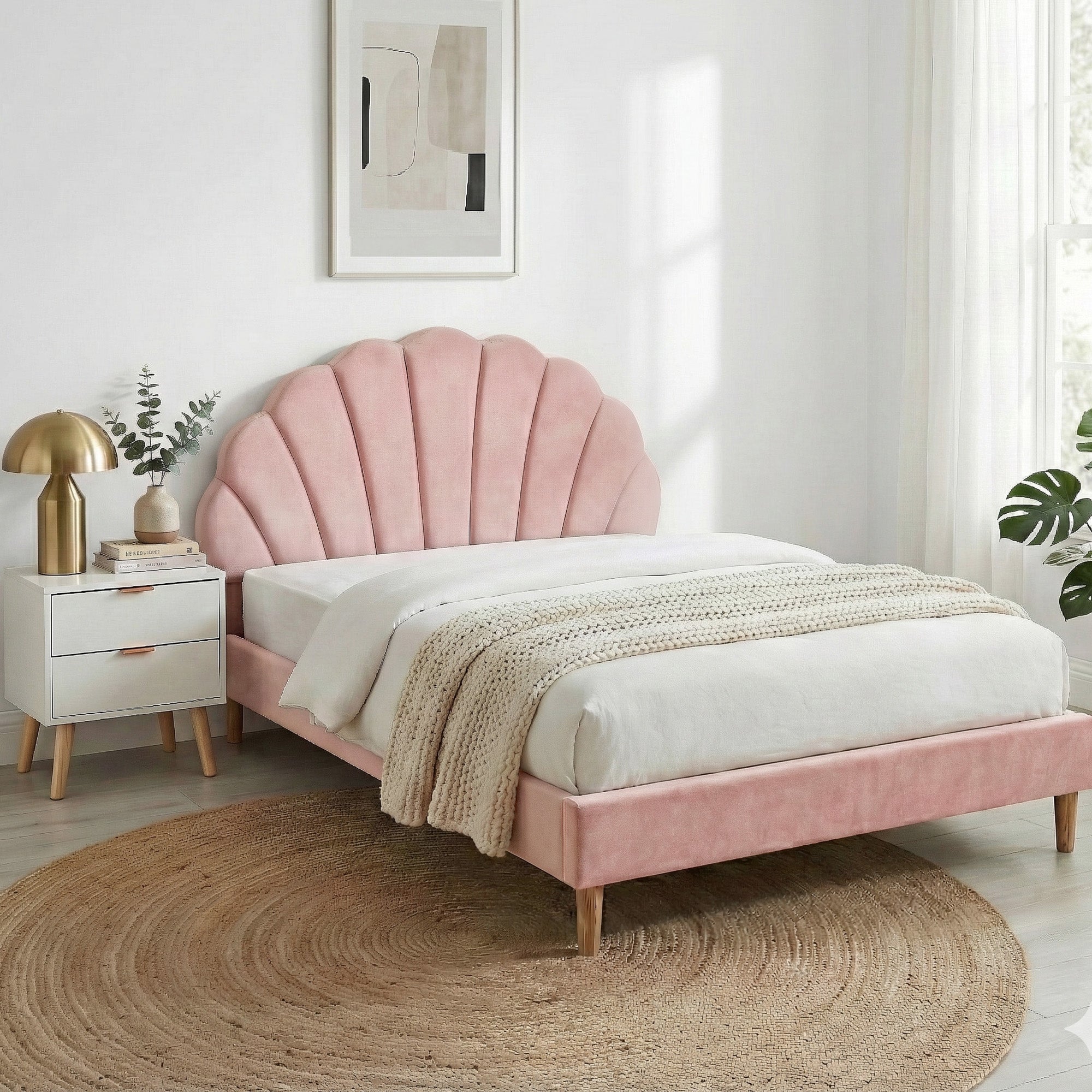 Double Bed Frame Scallop Headboard Pink Velvet with 2 Drawer Bedside Table