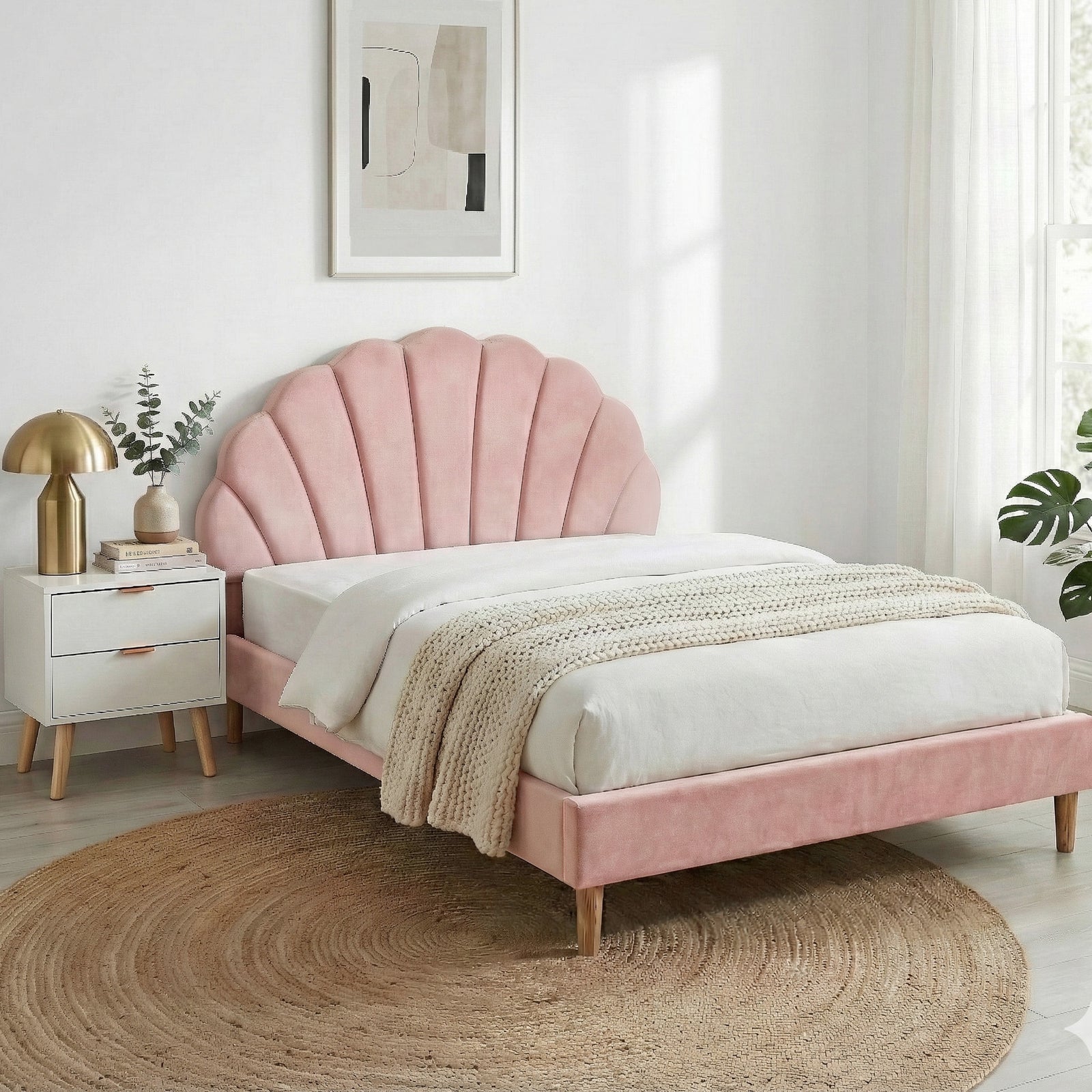 Double Bed Frame Scallop Headboard Pink Velvet with 2 Drawer Bedside Table