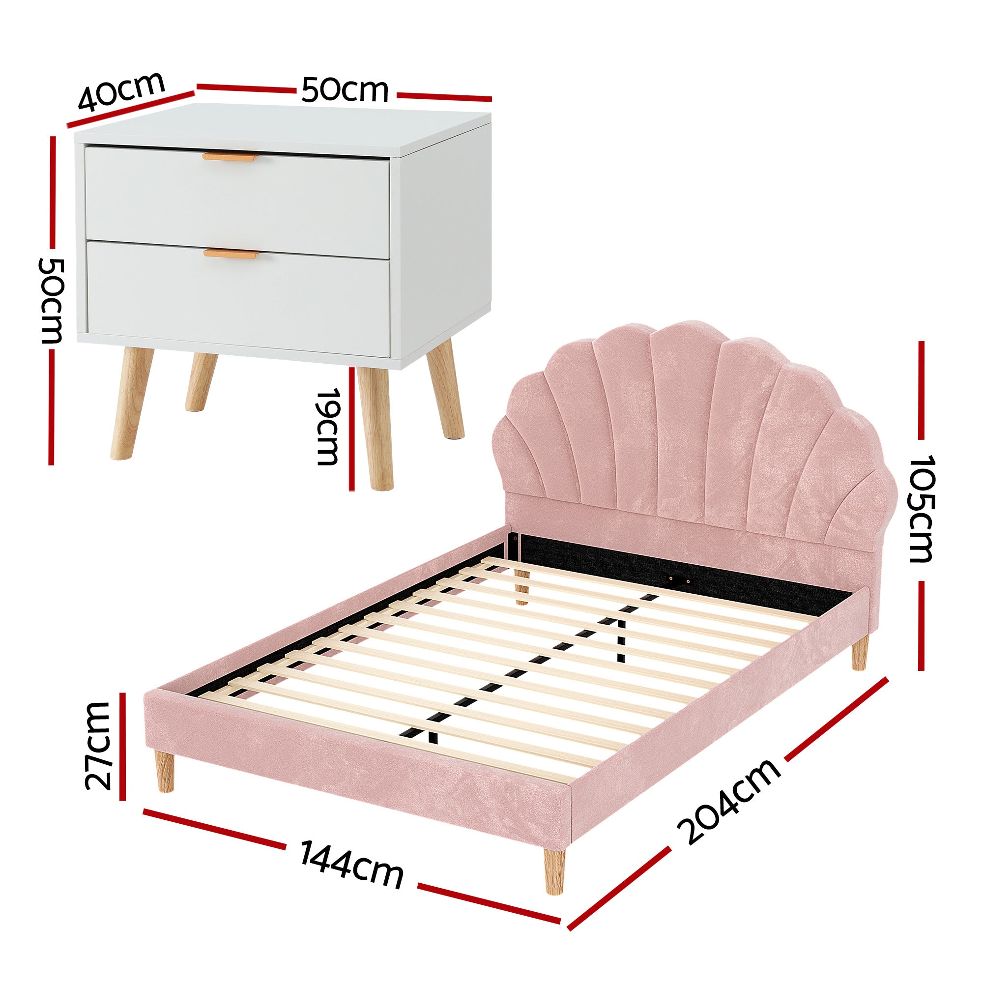 Double Bed Frame Scallop Headboard Pink Velvet with 2 Drawer Bedside Table