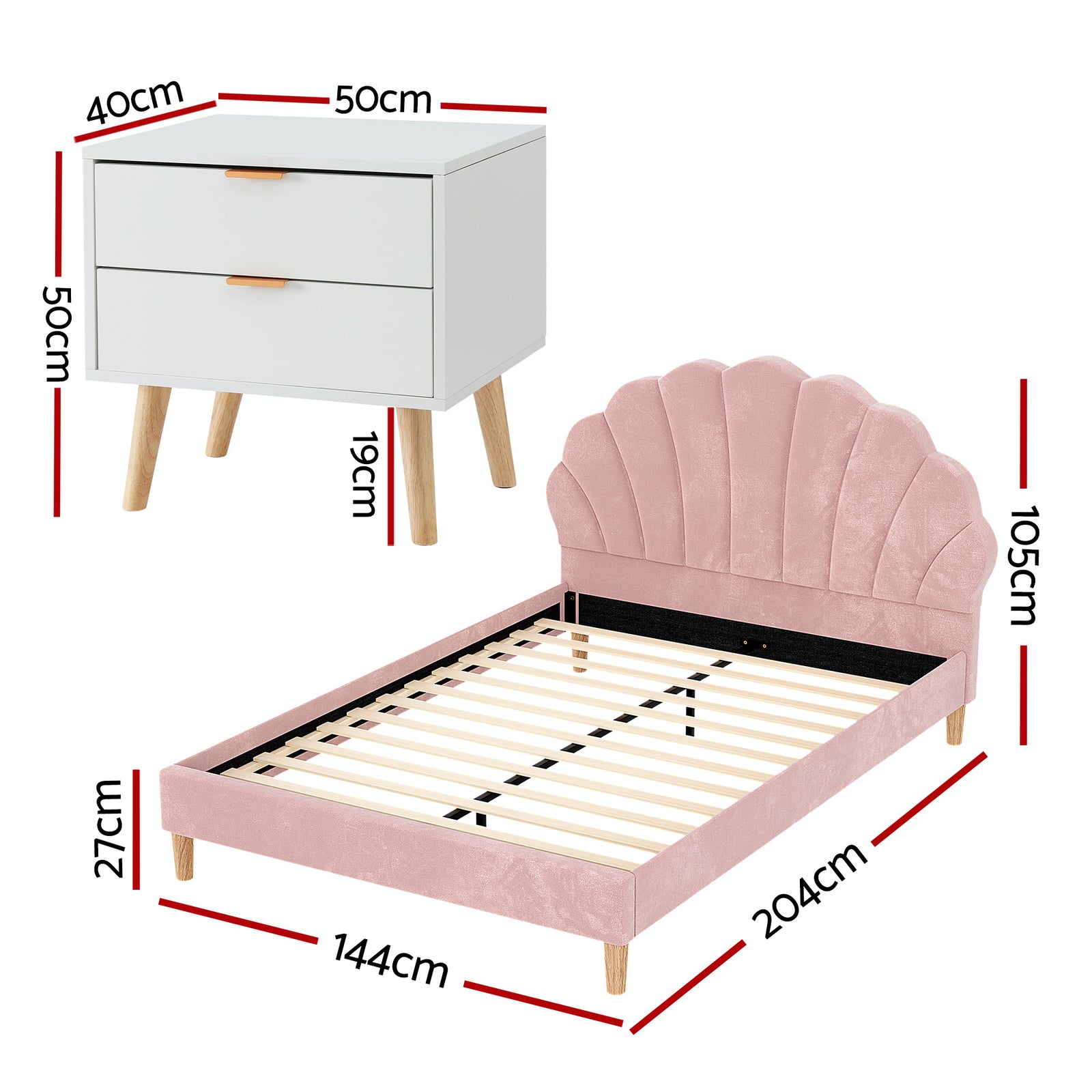 Double Bed Frame Scallop Headboard Pink Velvet with 2 Drawer Bedside Table