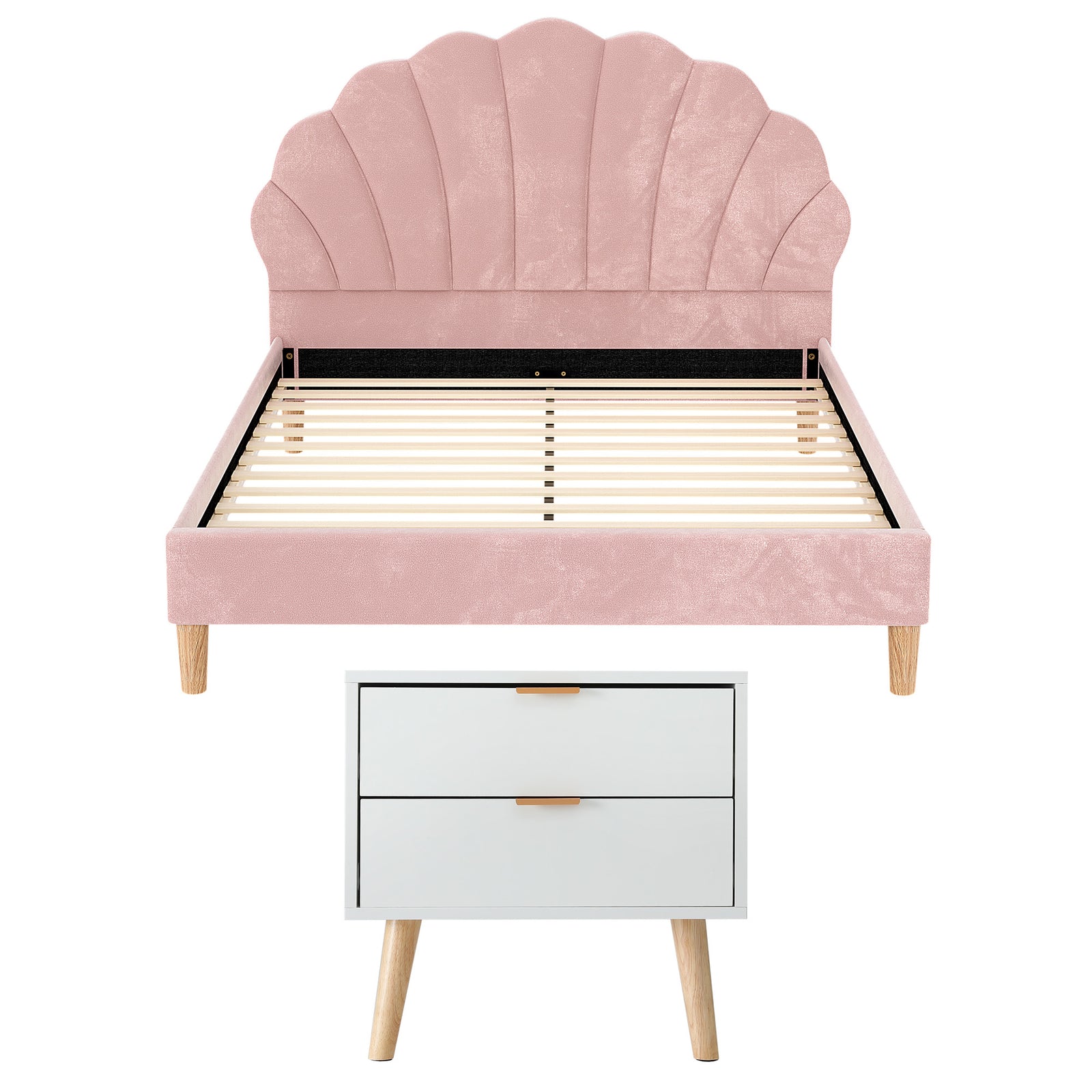 Double Bed Frame Scallop Headboard Pink Velvet with 2 Drawer Bedside Table