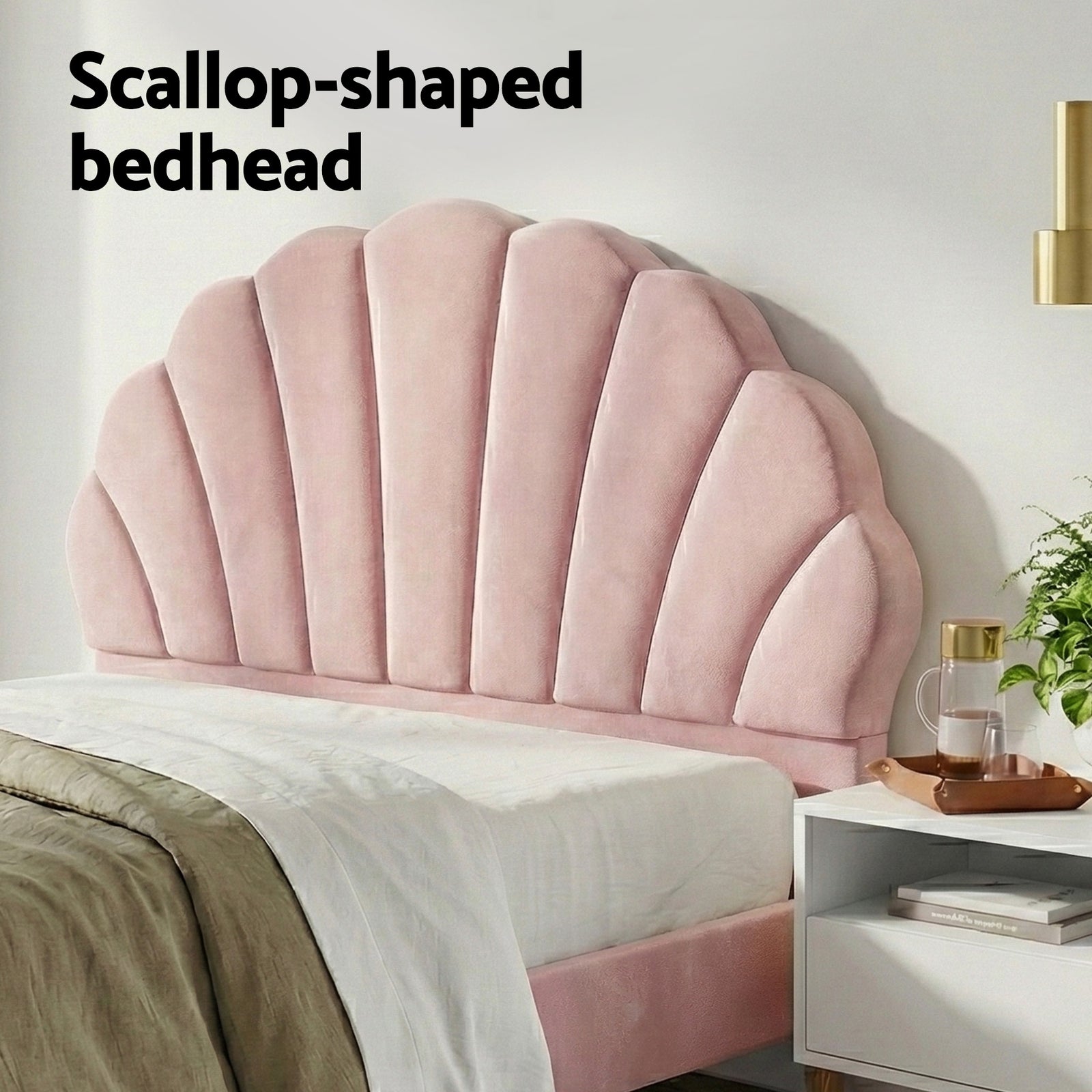 Double Bed Frame Scallop Headboard Pink Velvet with 2 Drawer Bedside Table