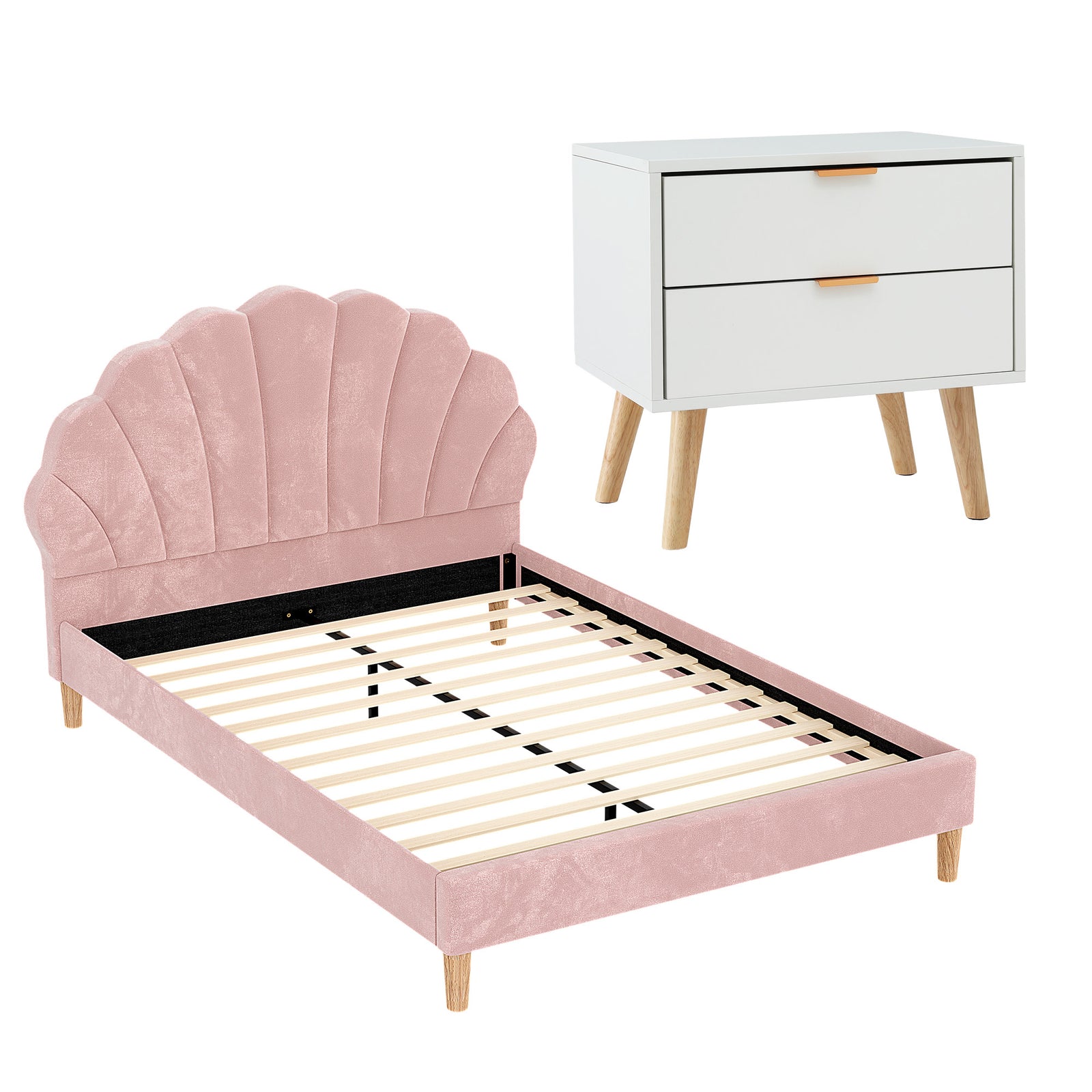 Double Bed Frame Scallop Headboard Pink Velvet with 2 Drawer Bedside Table