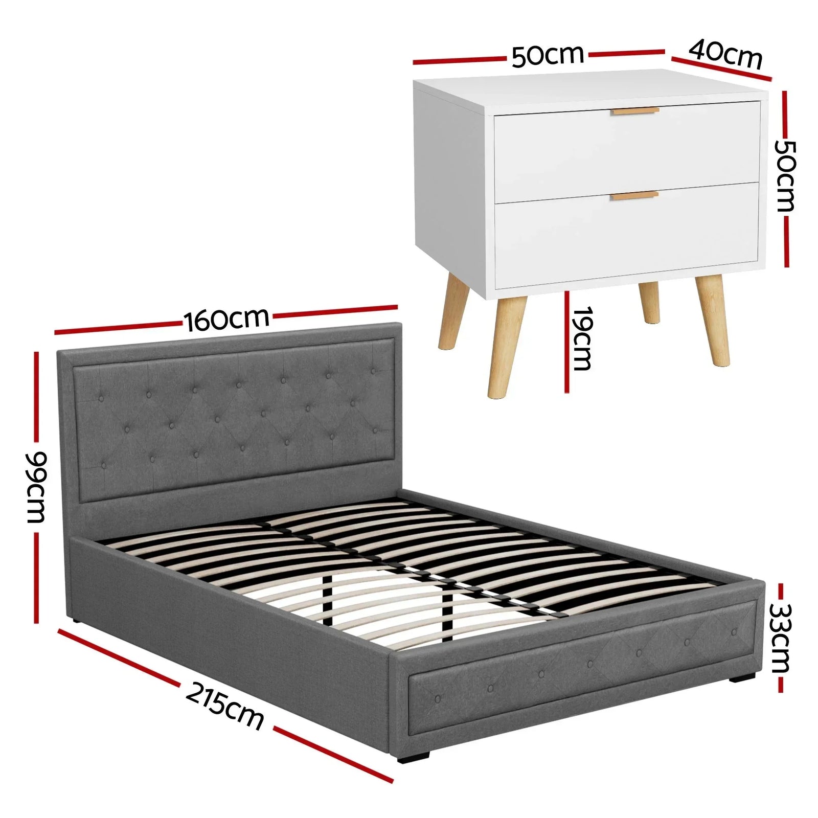 Upholstered Queen Gas Lift Storage Bed Frame with 2-Drawer Bedside Table Set