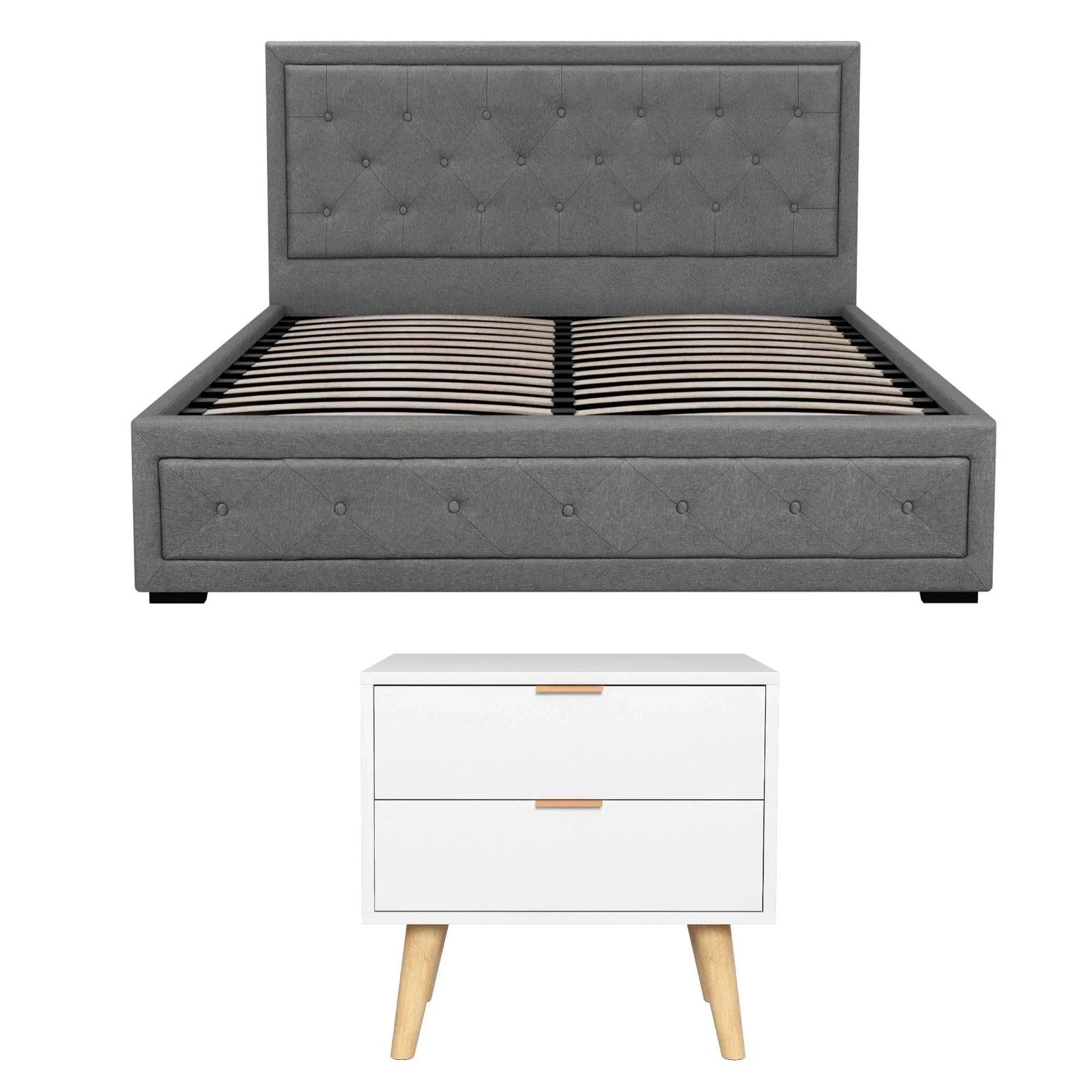 Upholstered Queen Gas Lift Storage Bed Frame with 2-Drawer Bedside Table Set