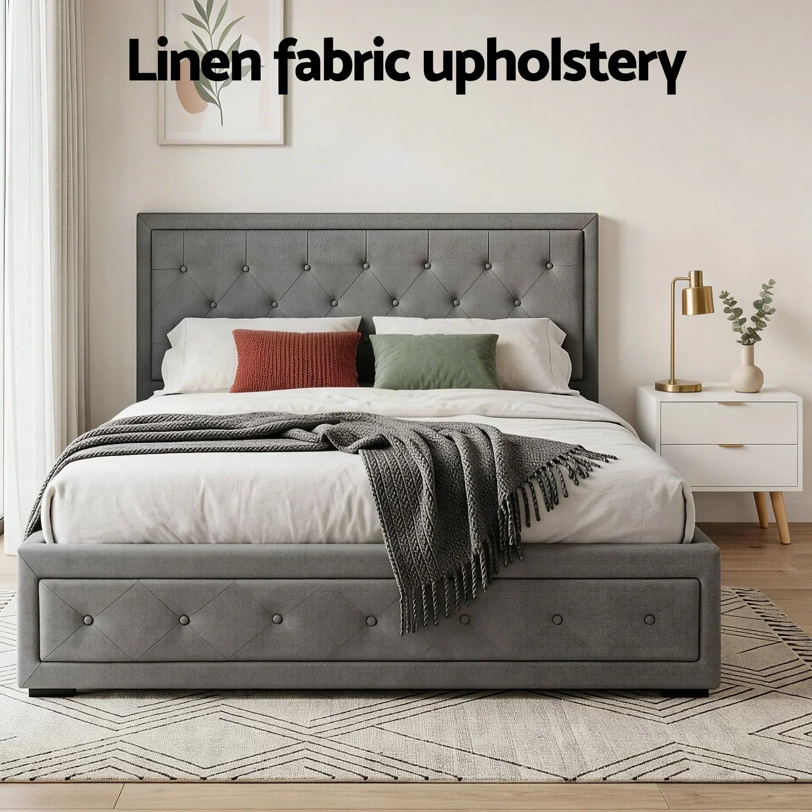 Upholstered Queen Gas Lift Storage Bed Frame with 2-Drawer Bedside Table Set