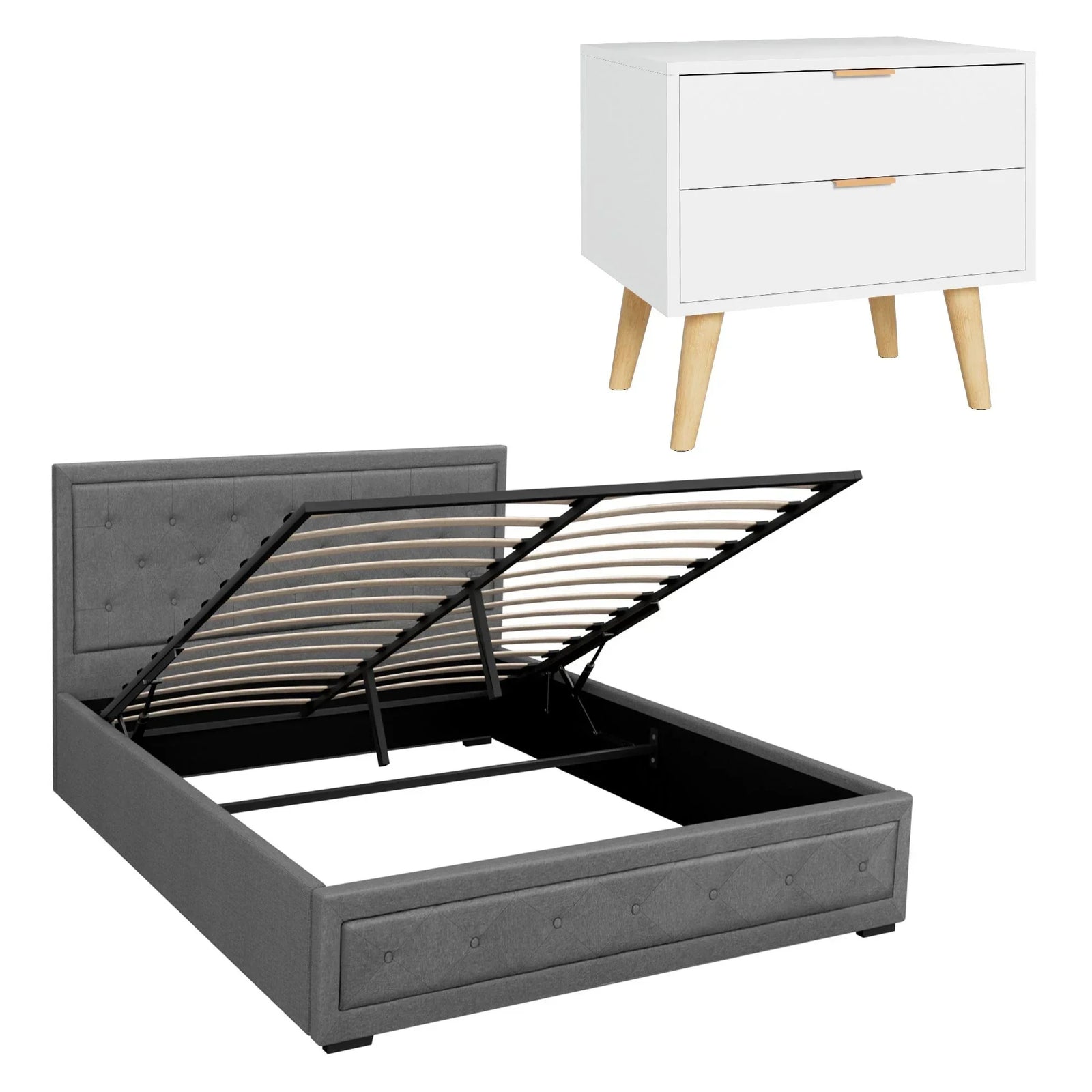 Upholstered Queen Gas Lift Storage Bed Frame with 2-Drawer Bedside Table Set
