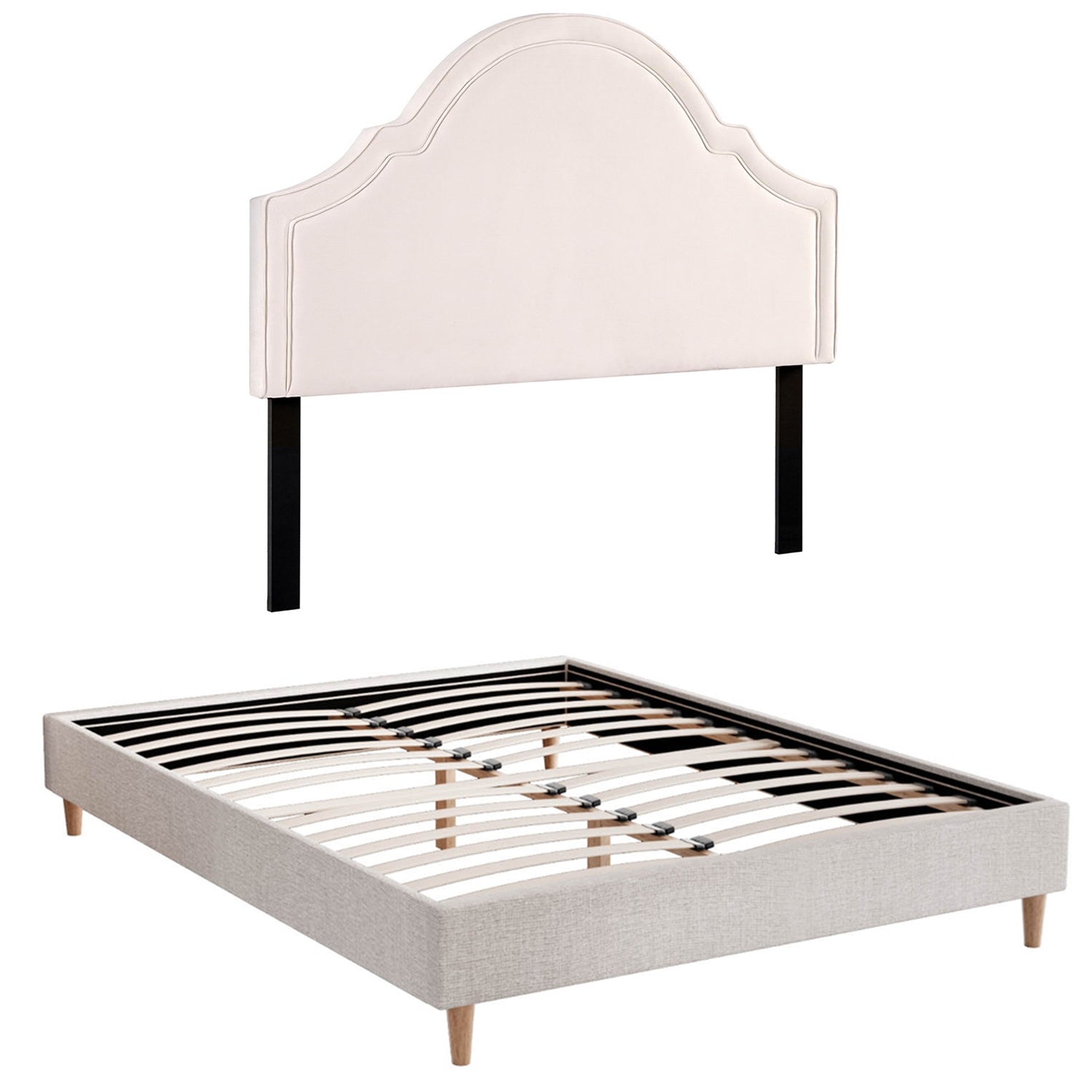 Queen Bed Frame with Storage Scalloped Velvet Headboard Wooden Platform Base