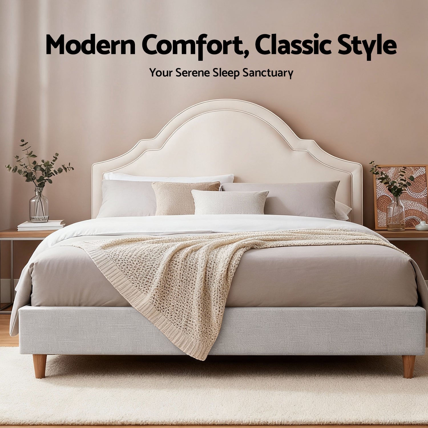 Queen Bed Frame with Storage Scalloped Velvet Headboard Wooden Platform Base