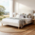 Queen Bed Frame Platform Bed Base Upholstered Headboard Linen Fabric Beige