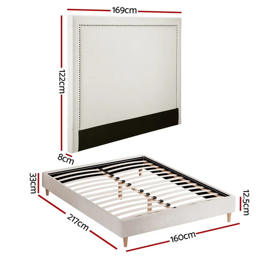 Queen Bed Frame Platform Bed Base Upholstered Headboard Linen Fabric Beige