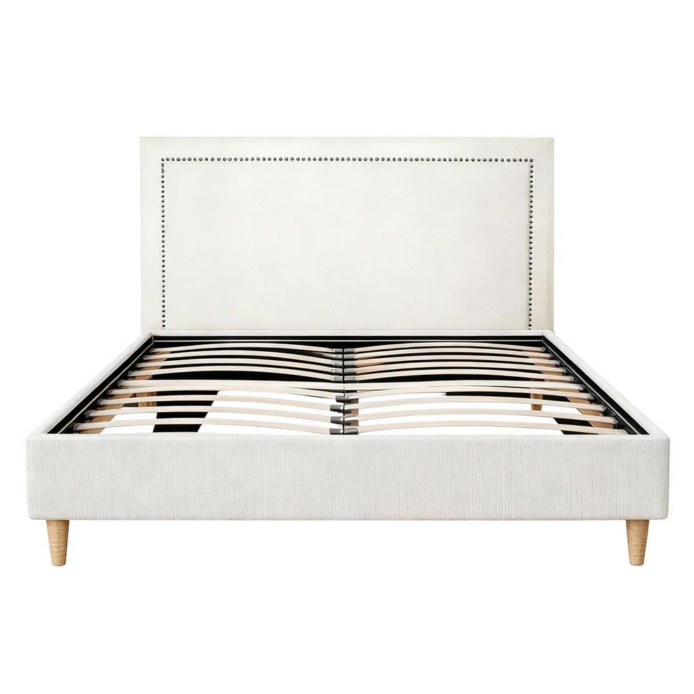 Queen Bed Frame Platform Bed Base Upholstered Headboard Linen Fabric Beige