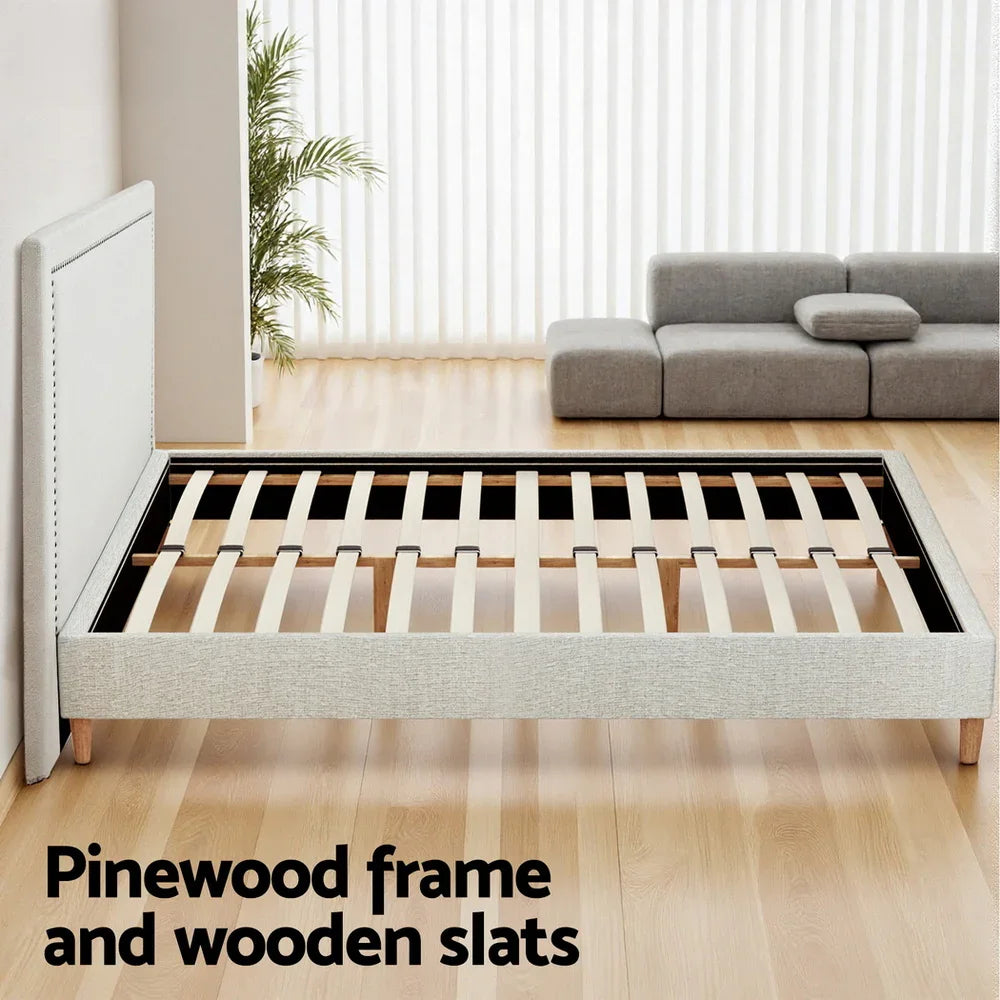 Queen Bed Frame Platform Bed Base Upholstered Headboard Linen Fabric Beige
