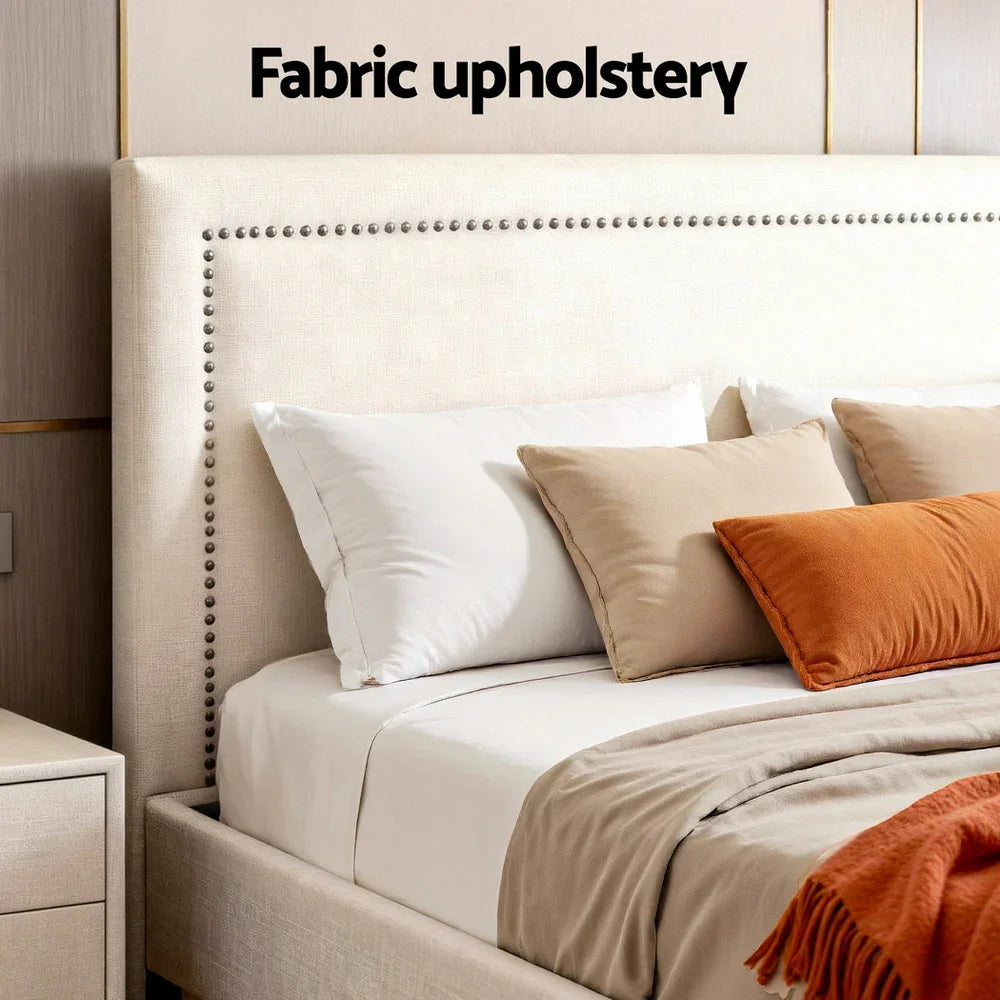 Queen Bed Frame Platform Bed Base Upholstered Headboard Linen Fabric Beige