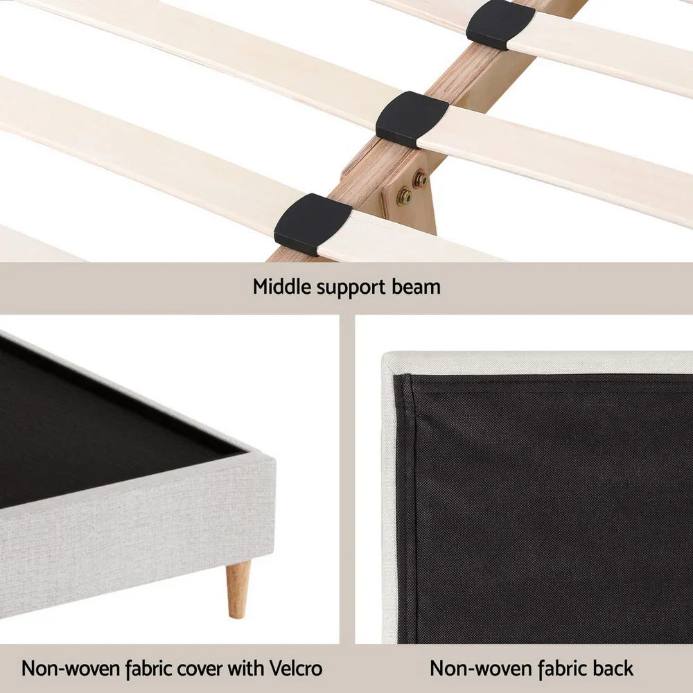 Queen Bed Frame Platform Bed Base Upholstered Headboard Linen Fabric Beige