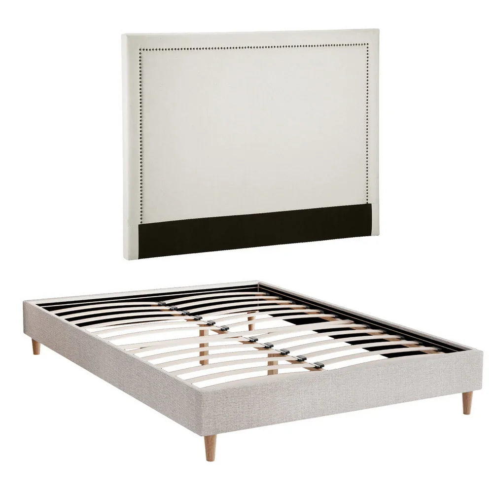 Queen Bed Frame Platform Bed Base Upholstered Headboard Linen Fabric Beige