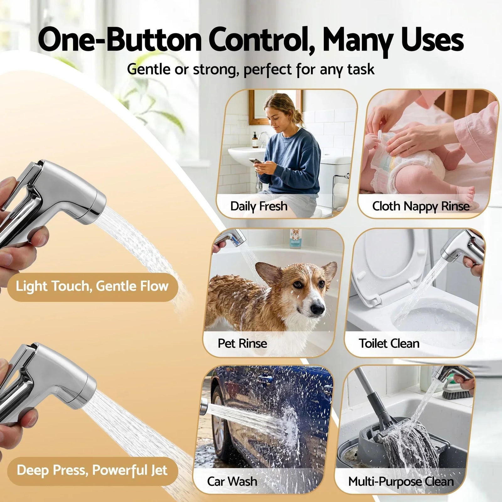 Handheld Bidet Sprayer – ABS Head, 1.5m Steel Hose, G1/2 Valve, Silver