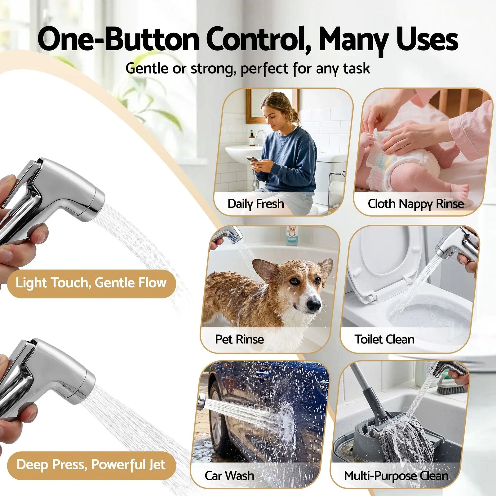 Handheld Bidet Sprayer – ABS Head, 1.5m Steel Hose, G1/2 Valve, Silver