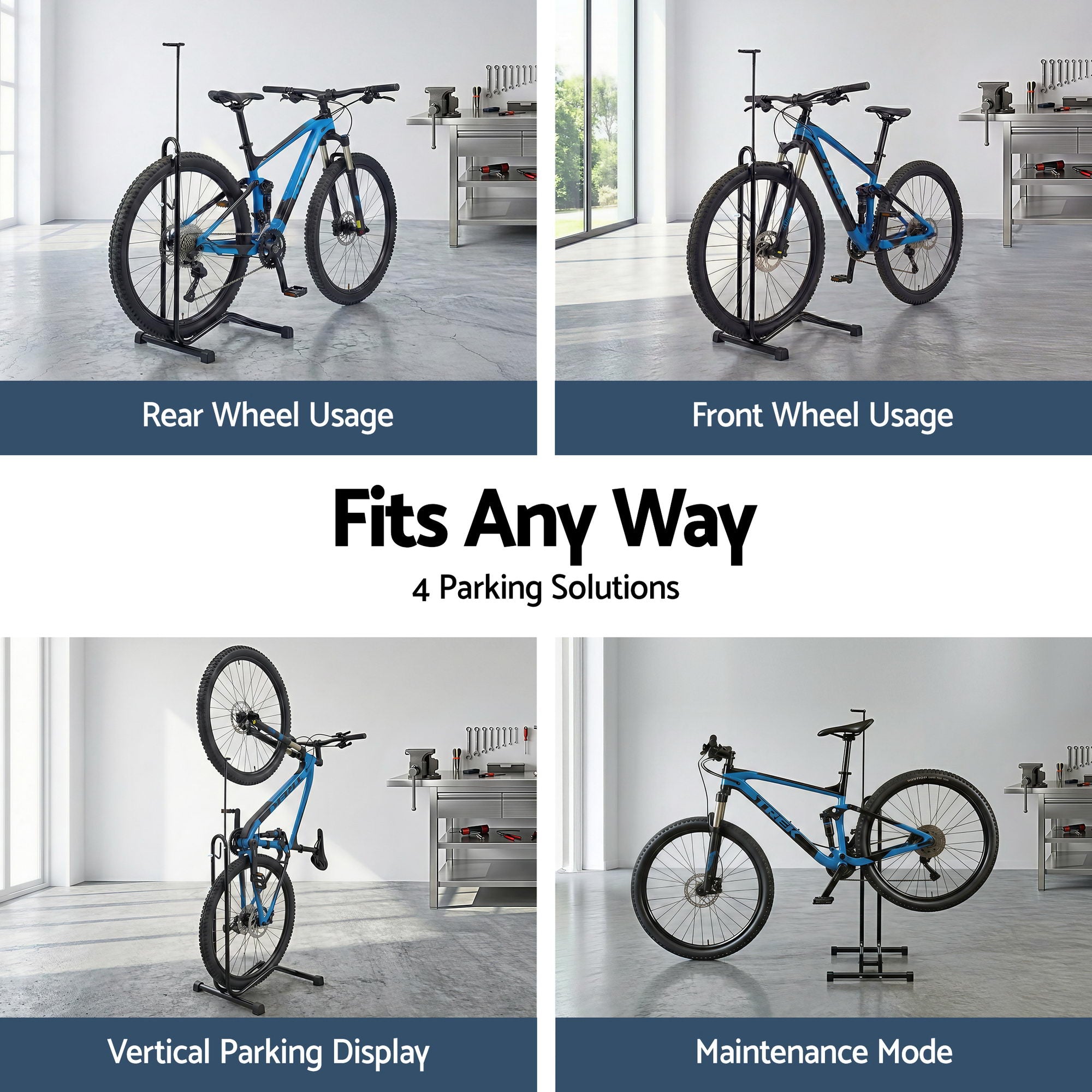 4-in-1 Bike Parking Stand Vertical Floor Storage Rack for 24"-27.5" Bicycles, Adjustable Height Repair Maintenance Stand, Stable Indoor Garage Space Saver with Non-slip Rubber Feet