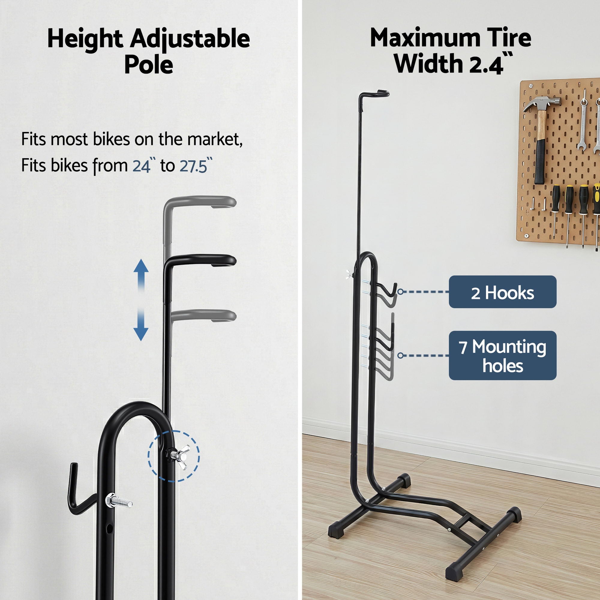 4-in-1 Bike Parking Stand Vertical Floor Storage Rack for 24"-27.5" Bicycles, Adjustable Height Repair Maintenance Stand, Stable Indoor Garage Space Saver with Non-slip Rubber Feet