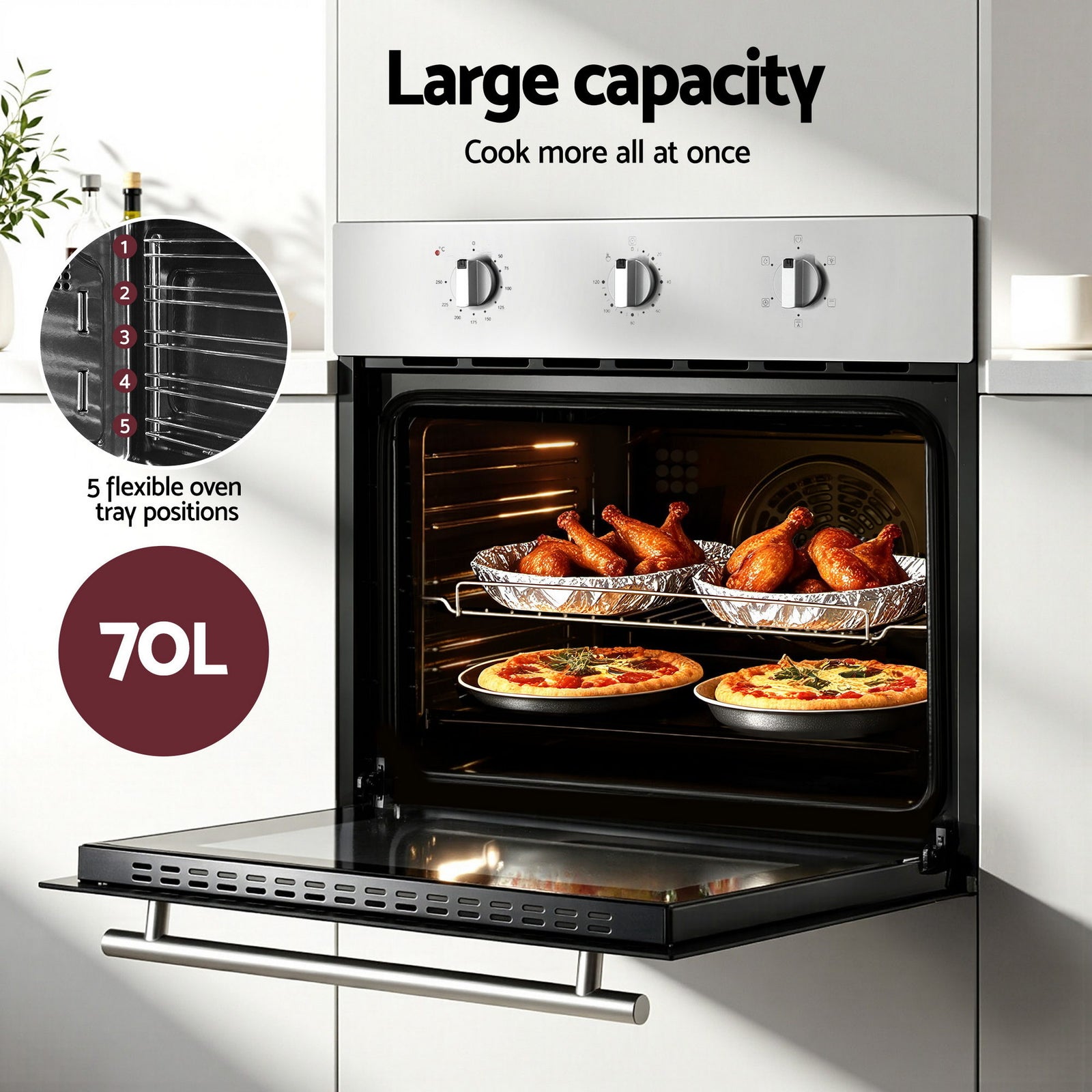 60cm Electric Built In Wall Oven Stainless Steel 70L Silver