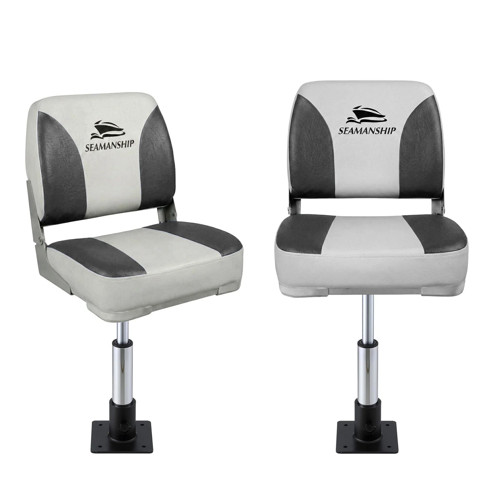 2X Folding Boat Seats with 2X Adjustable Pedestals 34–46cm Marine Swivel Low Back 13cm Padding Charcoal