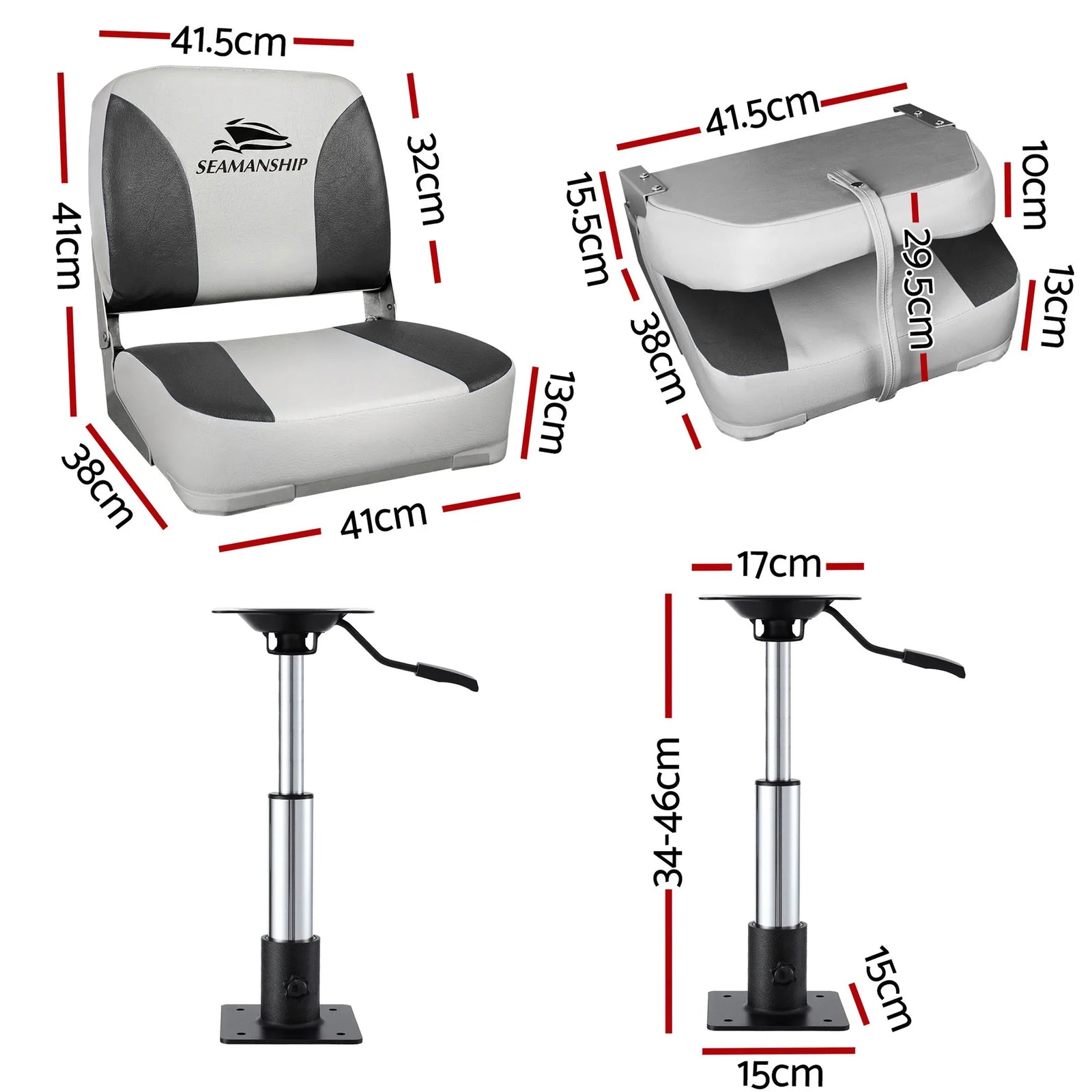 2X Folding Boat Seats with 2X Adjustable Pedestals 34–46cm Marine Swivel Low Back 13cm Padding Charcoal