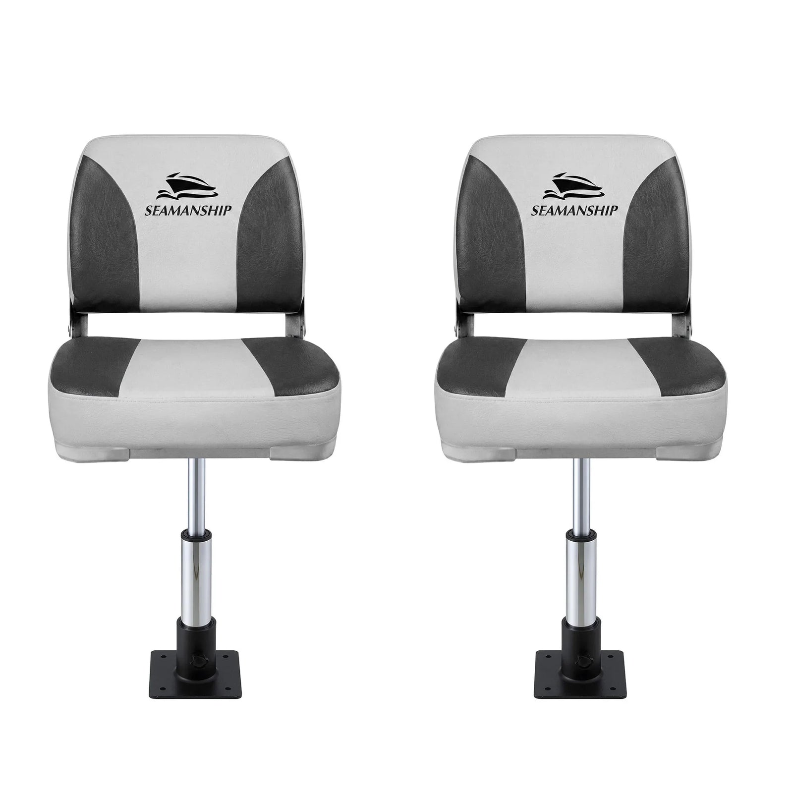 2X Folding Boat Seats with 2X Adjustable Pedestals 34–46cm Marine Swivel Low Back 13cm Padding Charcoal
