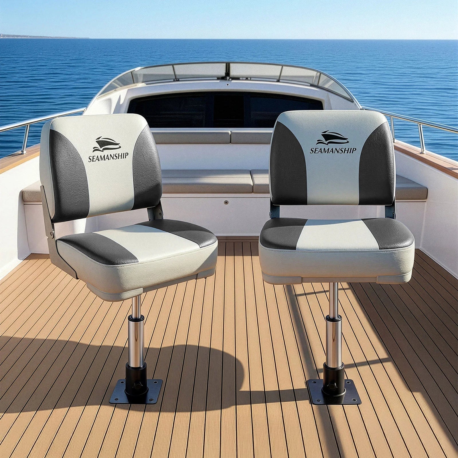 2X Folding Boat Seats with 2X Adjustable Pedestals 34–46cm Marine Swivel Low Back 13cm Padding Charcoal