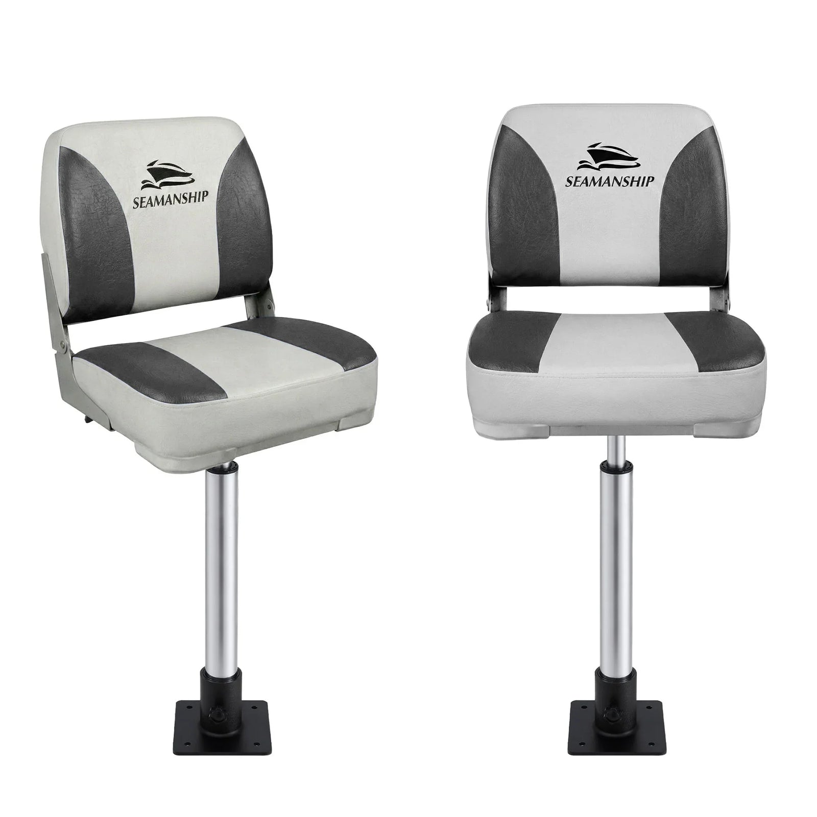 2X Folding Boat Seats with 2X Adjustable Pedestals 55–75cm Marine Swivel Low Back 13cm Padding Charcoal