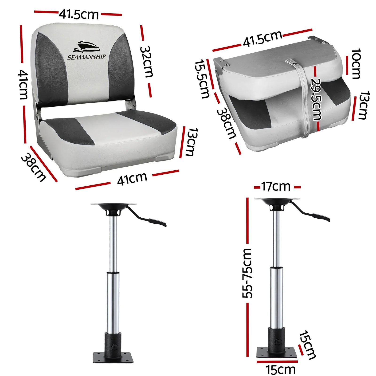 2X Folding Boat Seats with 2X Adjustable Pedestals 55–75cm Marine Swivel Low Back 13cm Padding Charcoal