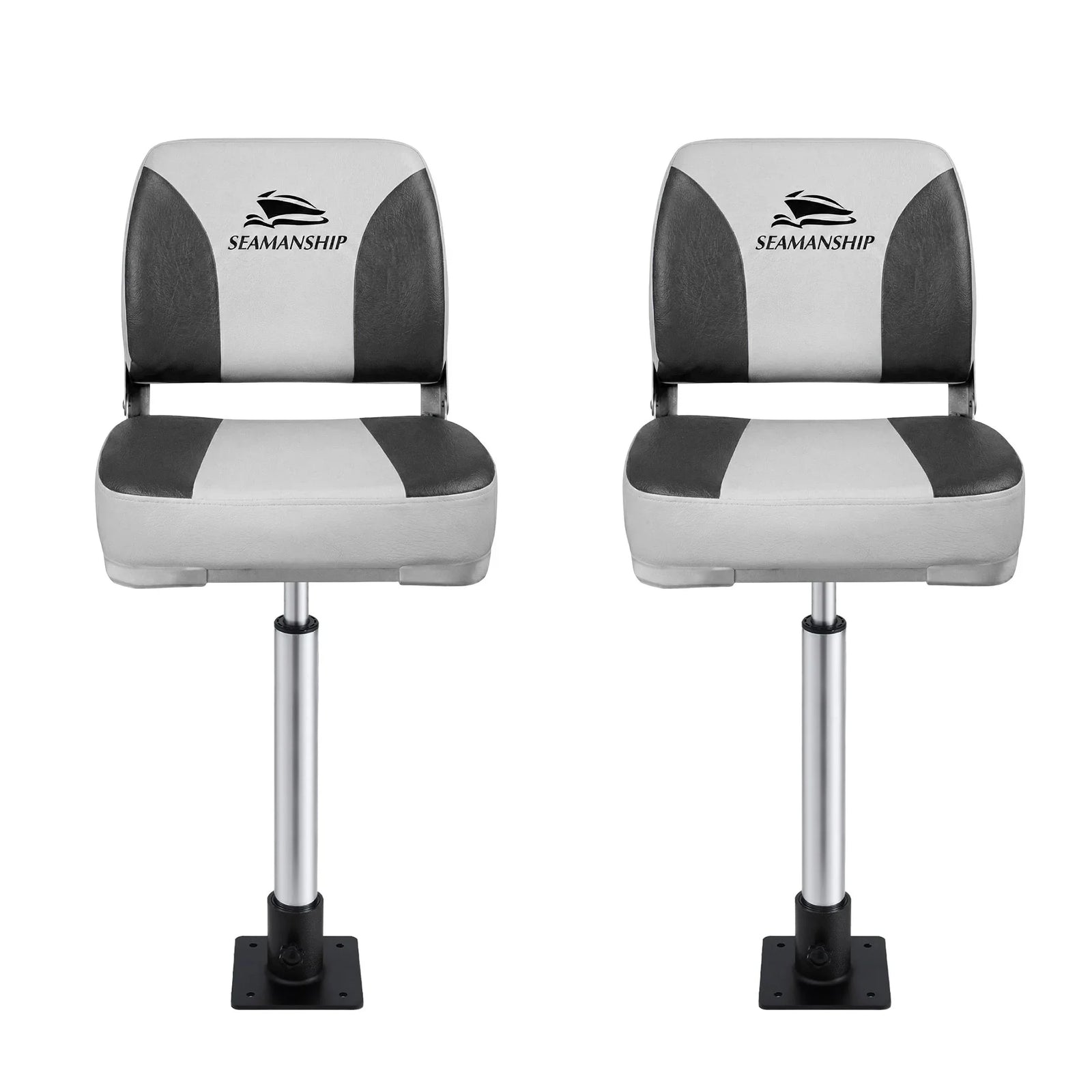 2X Folding Boat Seats with 2X Adjustable Pedestals 55–75cm Marine Swivel Low Back 13cm Padding Charcoal