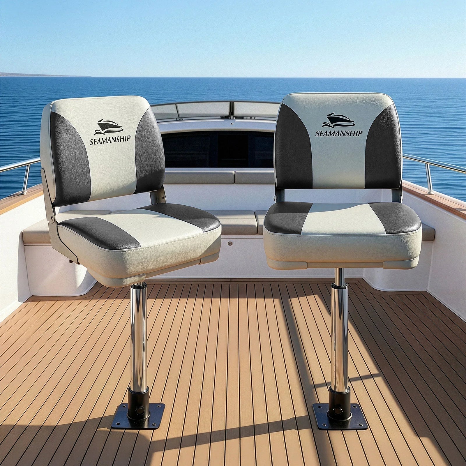 2X Folding Boat Seats with 2X Adjustable Pedestals 55–75cm Marine Swivel Low Back 13cm Padding Charcoal