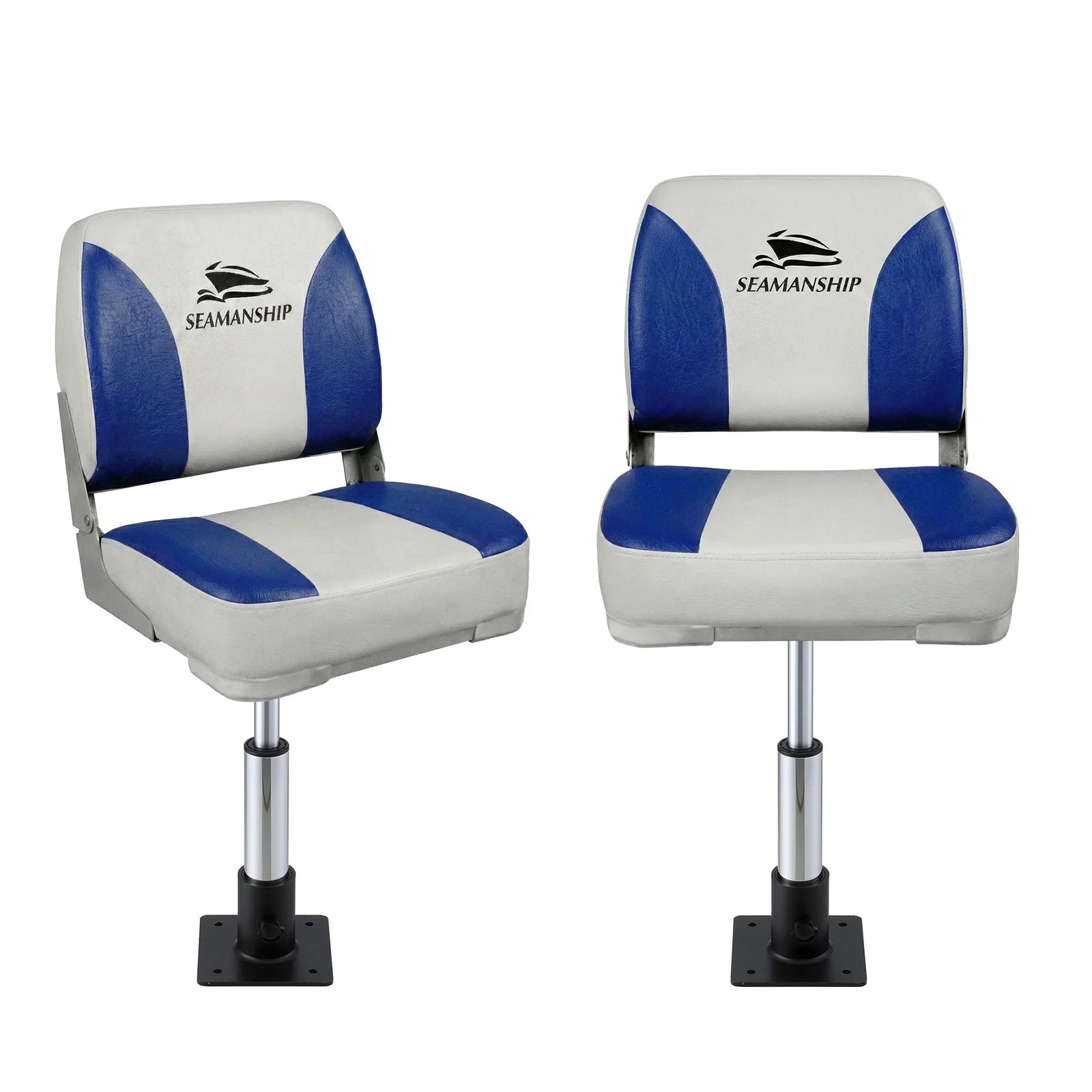 2X Folding Boat Seats with 2X Adjustable Pedestals 34–46cm Marine Swivel Low Back 13cm Padding White Blue
