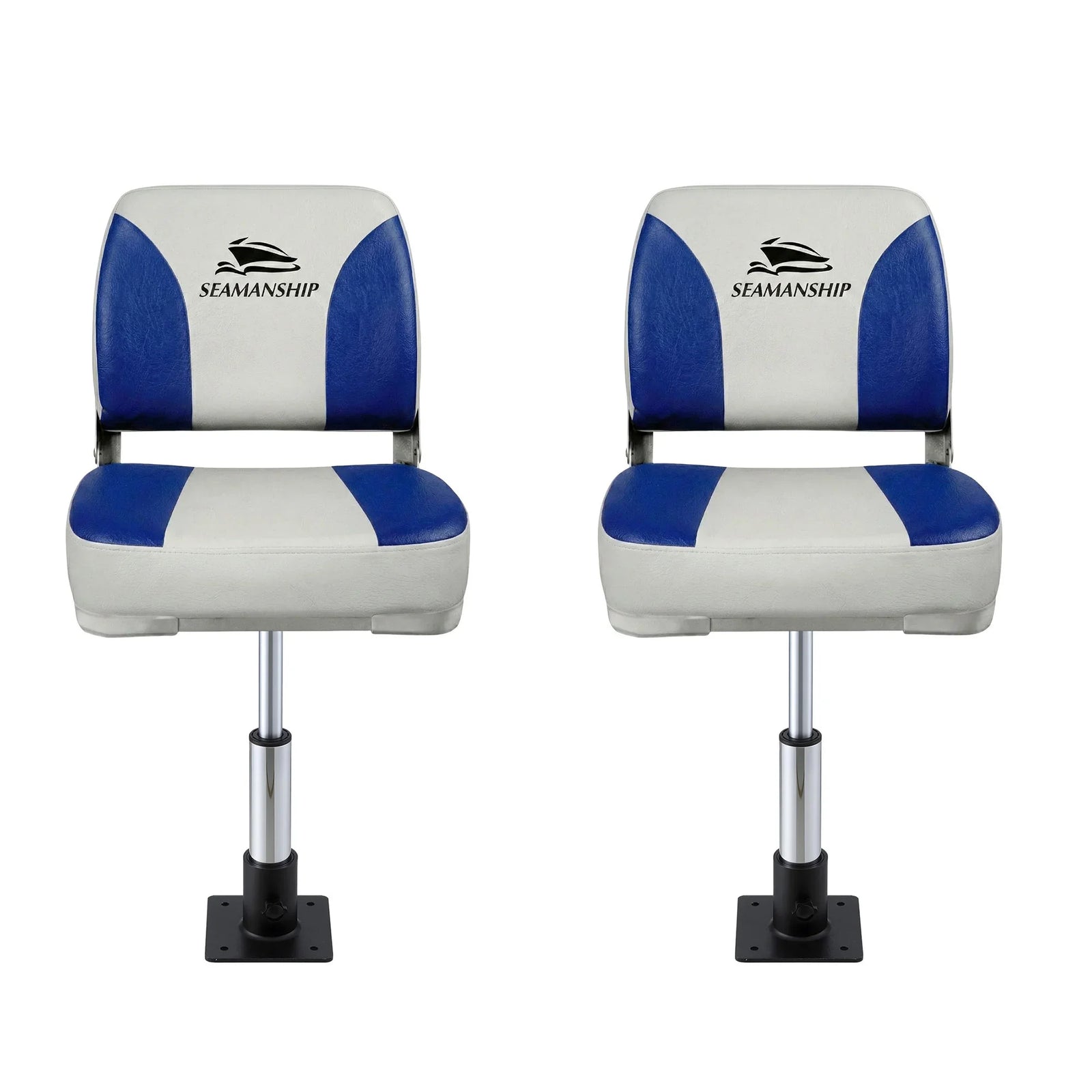 2X Folding Boat Seats with 2X Adjustable Pedestals 34–46cm Marine Swivel Low Back 13cm Padding White Blue