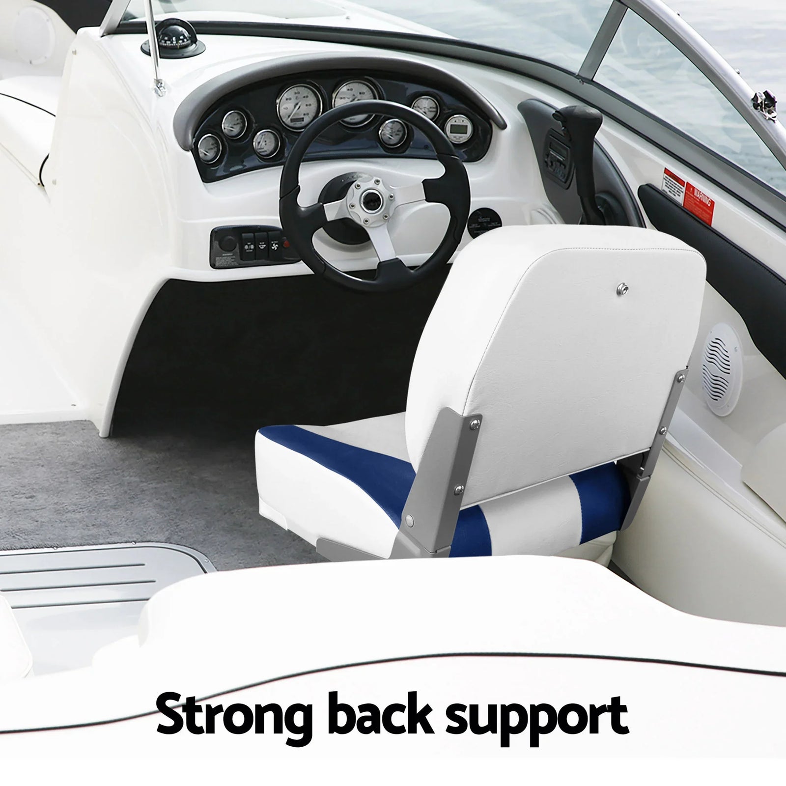 2X Folding Boat Seats with 2X Adjustable Pedestals 34–46cm Marine Swivel Low Back 13cm Padding White Blue