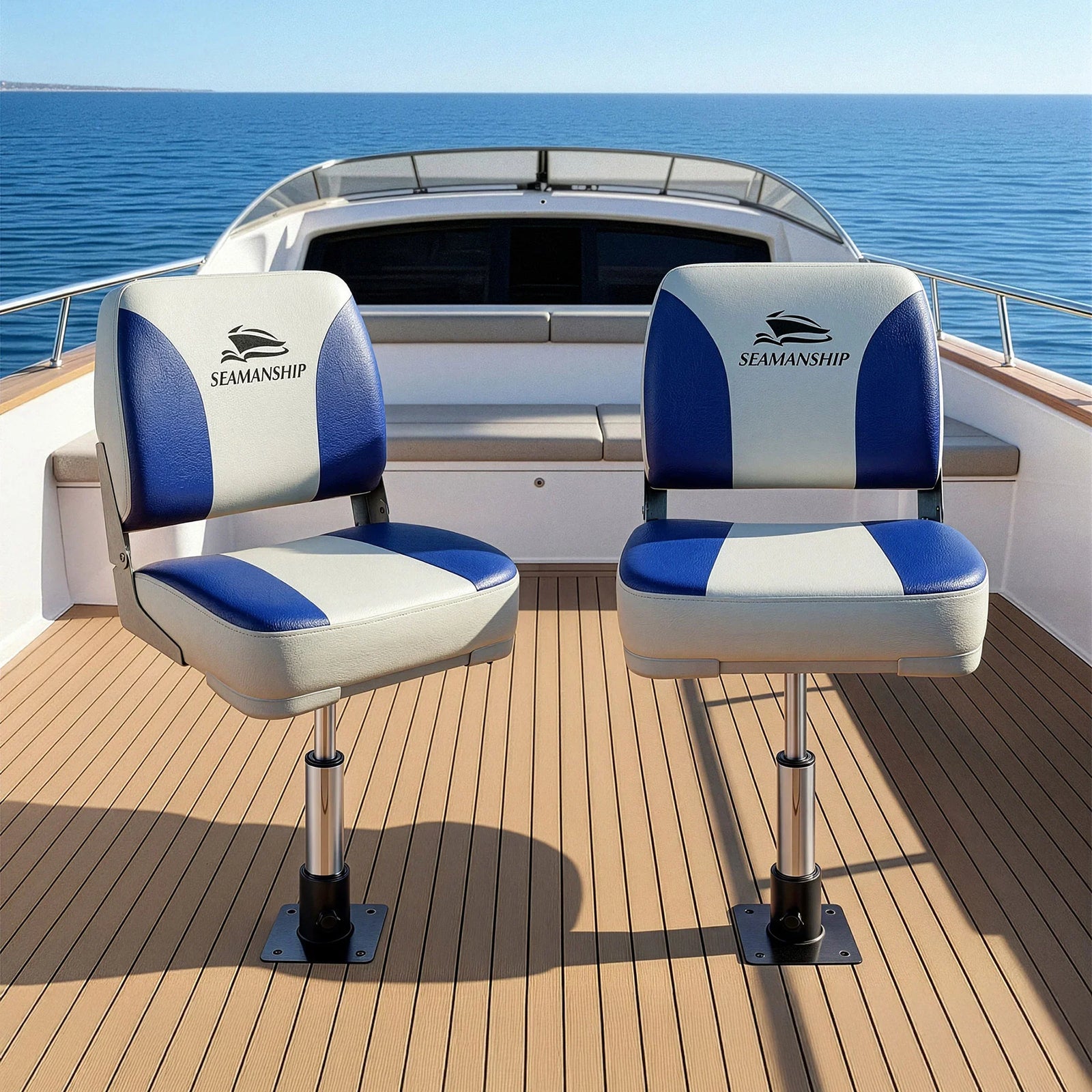 2X Folding Boat Seats with 2X Adjustable Pedestals 34–46cm Marine Swivel Low Back 13cm Padding White Blue