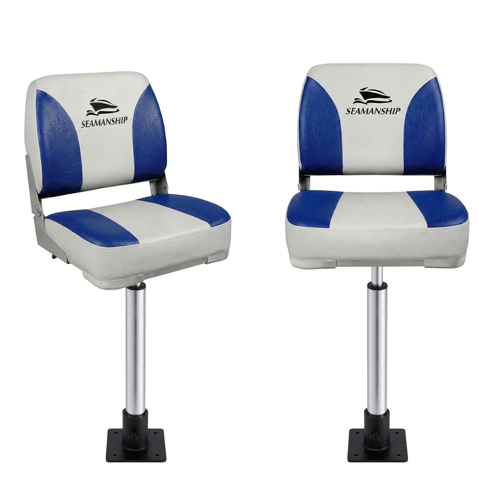 2X Folding Boat Seats with 2X Adjustable Pedestals 55–75cm Marine Swivel Low Back 13cm Padding White Blue